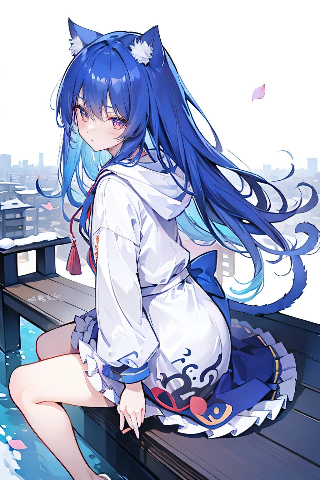 （masterpiece：1.2），Super detailed，lifelike，Expressive eyes，fair skin，perfect face shape，1 girl，
Japanese comics,Gorgeous blue hair,flowing blue hair,flowing clothes,Cat ears,Petals fall,beautiful lola,Baby Angel,
Cross your legs，Gentle and peaceful background，The pavilion is cool and comfortable,smile, wearing hoodie, background of tokyo,back views,heavy snowing, winter.