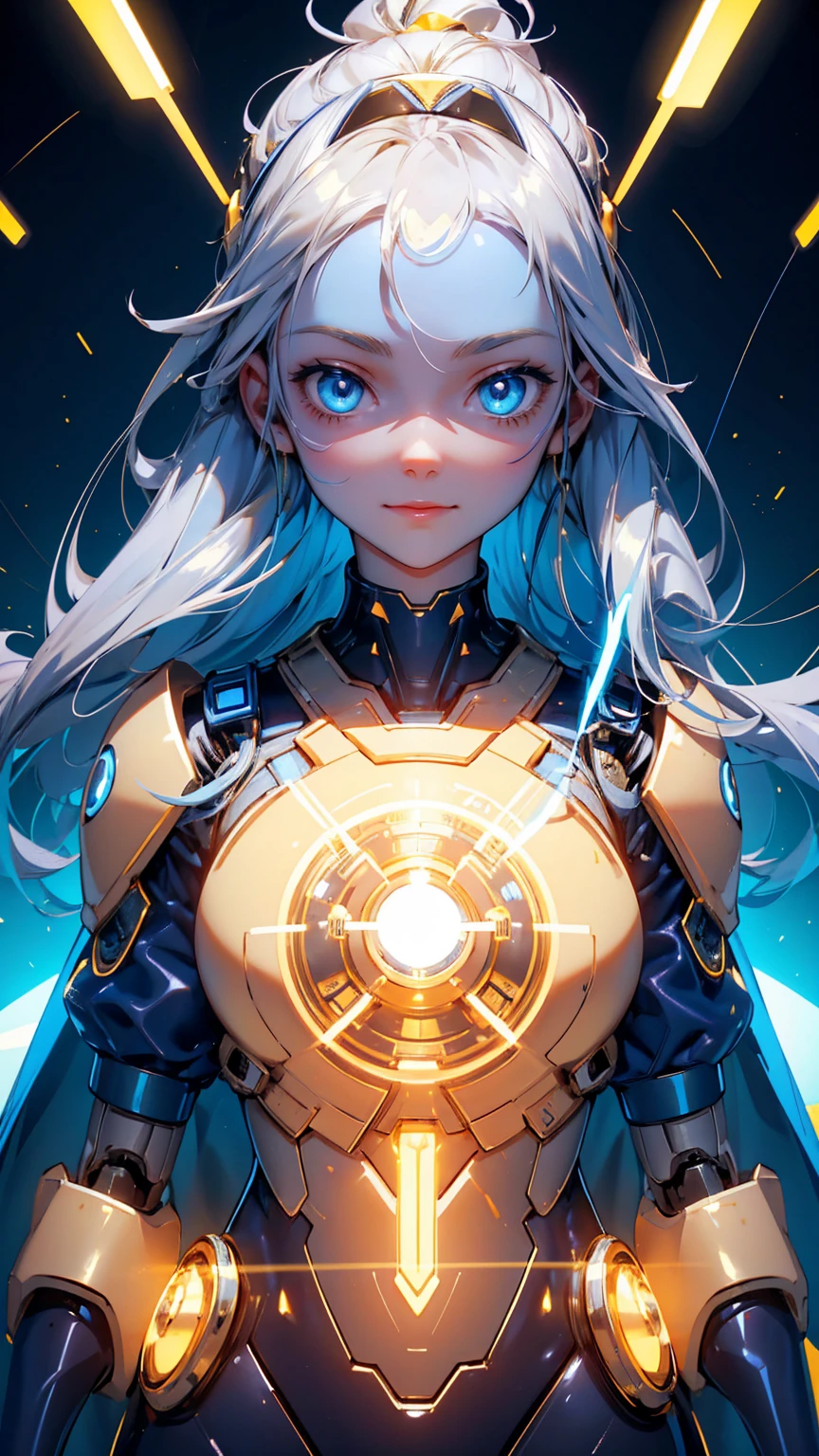 Cute robot girl, cute happy face, with a gold and silver color scheme, blue eyes with text "Easy" on the forehead in blue  letters, "KYC" on chest with blue  letters, holding an electric cable with lights and futuristic elements around it, a golden background, shiny golden background with bright colors in a gold