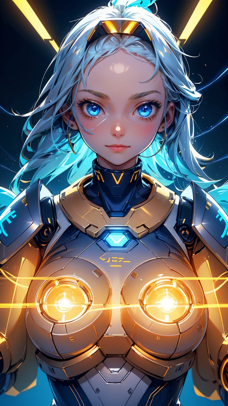 Cute robot girl, cute happy face, with a gold and silver color scheme, blue eyes with text "Easy" on the forehead in blue  letters, "KYC" on chest with blue  letters, holding an electric cable with lights and futuristic elements around it, a golden background, shiny golden background with bright colors in a gold