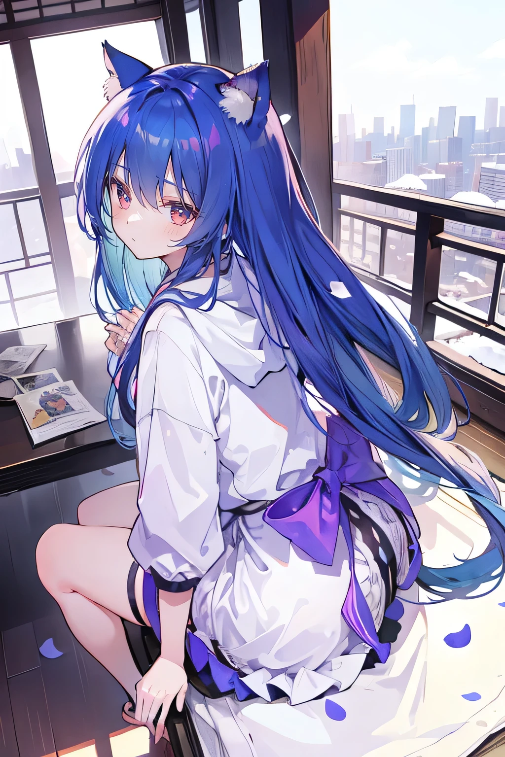 （masterpiece：1.2），Super detailed，lifelike，Expressive eyes，fair skin，perfect face shape，1 girl，
Japanese comics,Gorgeous blue hair,flowing blue hair,flowing clothes,Cat ears,Petals fall,beautiful lola,Baby Angel,
Cross your legs，Gentle and peaceful background，The pavilion is cool and comfortable,smile, wearing hoodie, background of tokyo,back views,heavy snowing, winter.