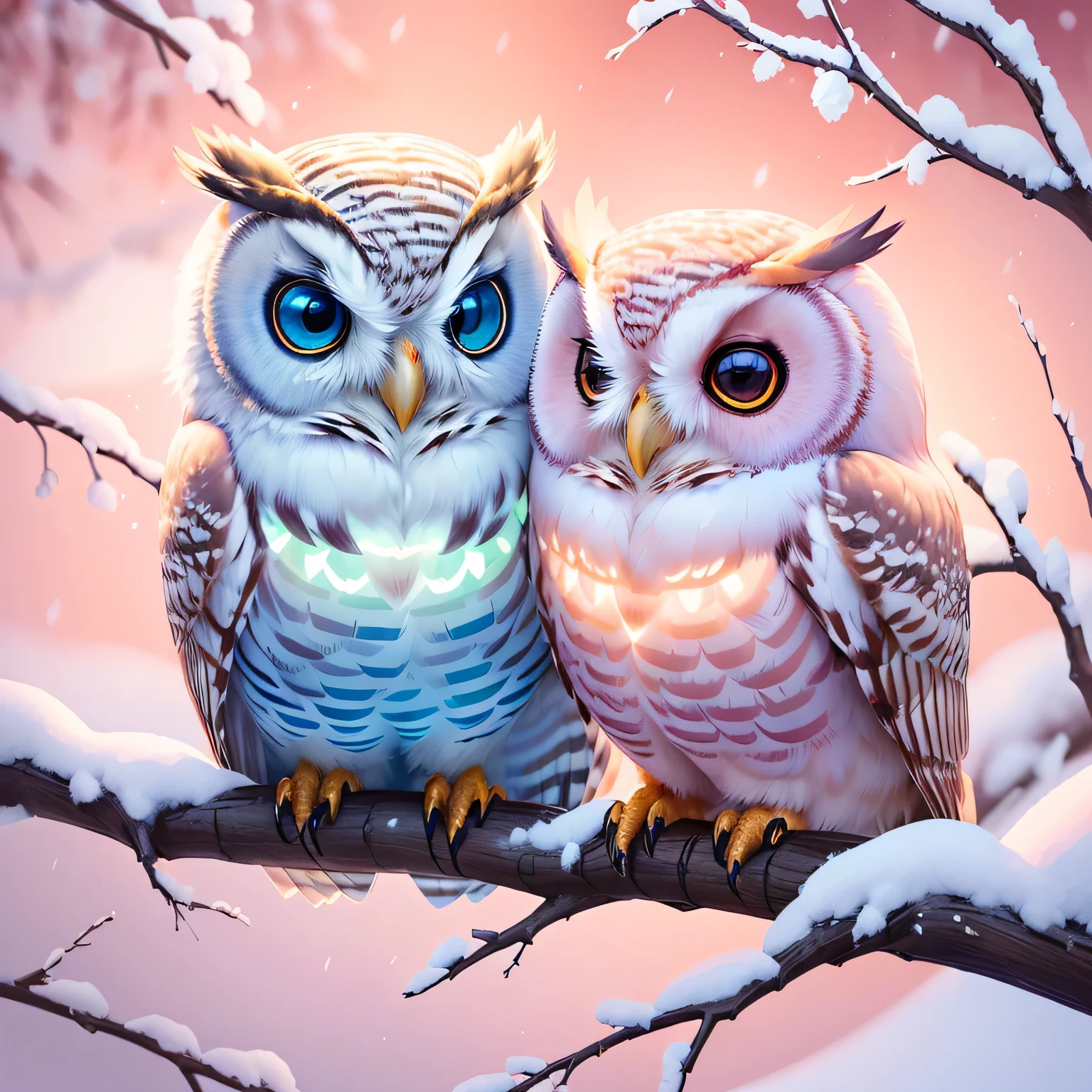 there are two owl sitting on a branch in the snow, glowing owl, cute colorful cute, owl, cute owl, detailed beautiful animals, brightly colored bird, Radiant Owl, cute, Color HD pictures, cute digital art, Beautiful digital art, Soft colors, and a cute furry owl, Glowing owl, Pastel colors only, Mysterious Birds, Colorful Glow