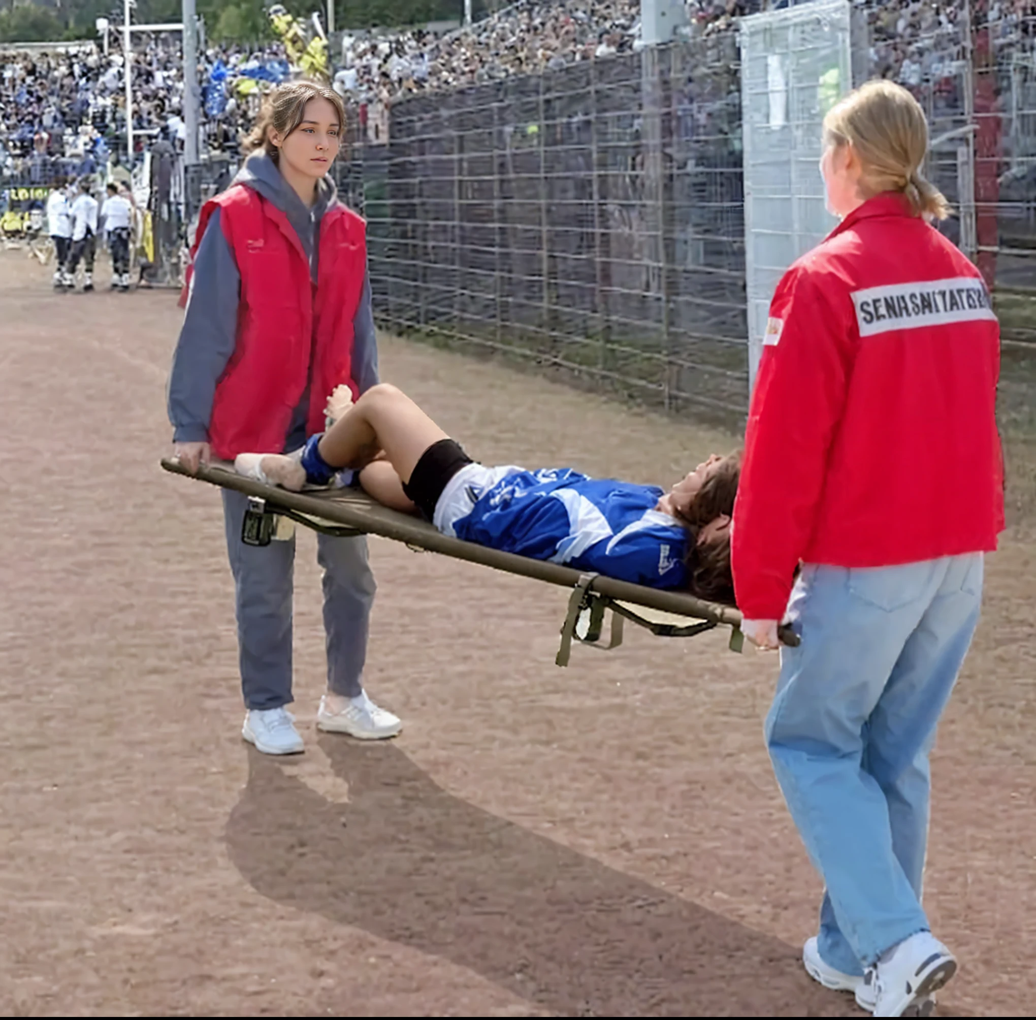 young ambulancewomen, ambulancewomen are carrying a man on a stretcher, realistic scene, injured, realistic shot, photo - shot, over-shoulder shot, edited, a beautiful, hurt, an illustration, in the background, dramatic scene, heartbreaking, special, carrying a tray, real photo, professional shot, a long-shot, There is a man lying on a stretcher with his hands crossed over his face, a man in a t-shirt and sports shorts has crossed his hands over his face, the man has an agonised face under his hands, two longhaired and ponytailed women that are wearing very shiny coats, there are longhaired women wearing laquered puffy coats, longhaired women are walking in wetlook puffy coats, several women walking around a football field with an injured athlete on a stretcher, the injured athlete on the stretcher covers his face with both hands, the women look very worried, behind the women there is a frightening atmosphere, there is heavy rainfall in the background, video still, behind the scenes, Malika Favre, screenshot, footage, 4 0 9 6, cover photo, aesthetic shot, dramatic mood, intense scene, Making of, Mongezi Ncaphayi, Thriller atmosphere, Filming, Edited