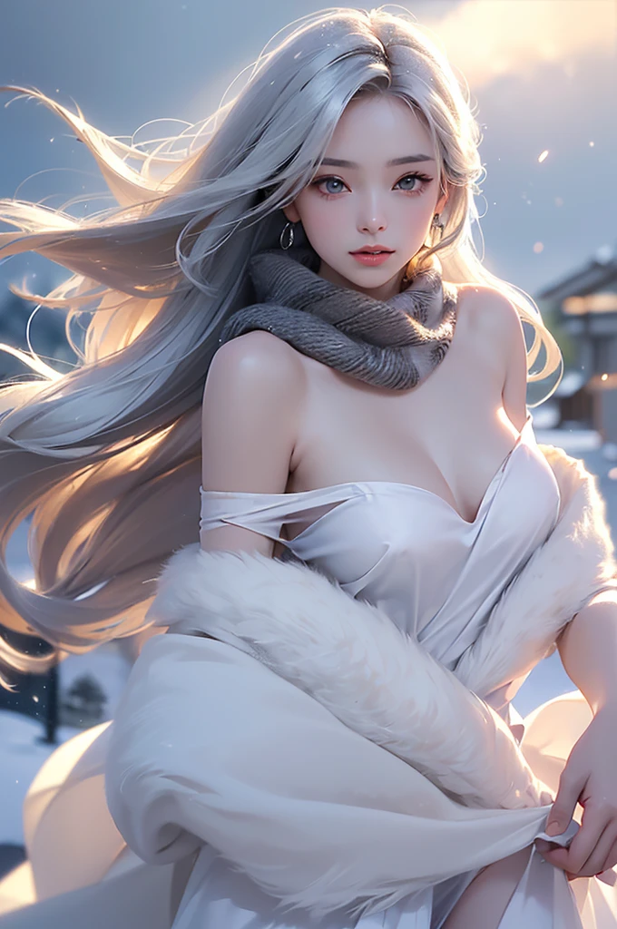 ((masterpiece:1.5、8k、Portraiture、フォトリアリスティックでVery detailedなCG、Very detailed、Particle Effects、Dynamic Effects、Shallow depth of field、Cinematic Light、Lens flare、Ray Tracing、Tabletop、Realistic:1.4、Ultra-high resolution:1.2、Realistic、Realistic))((alone、,Woman wearing a fur coat over an off-the-shoulder outfit:1.4、wear a long scarf、Elegant woman posing、Detailed face、bright表情、young, bright, Whiter skin、Ample breasts、Best Looks、Ultimate beauty、Shiny silver hair with highlights、bright and shiny hair,、Super long, Silky straight hair、Hair dancing in the wind))(morning、The setting is outdoors in the snow、Surrounded by illuminations)