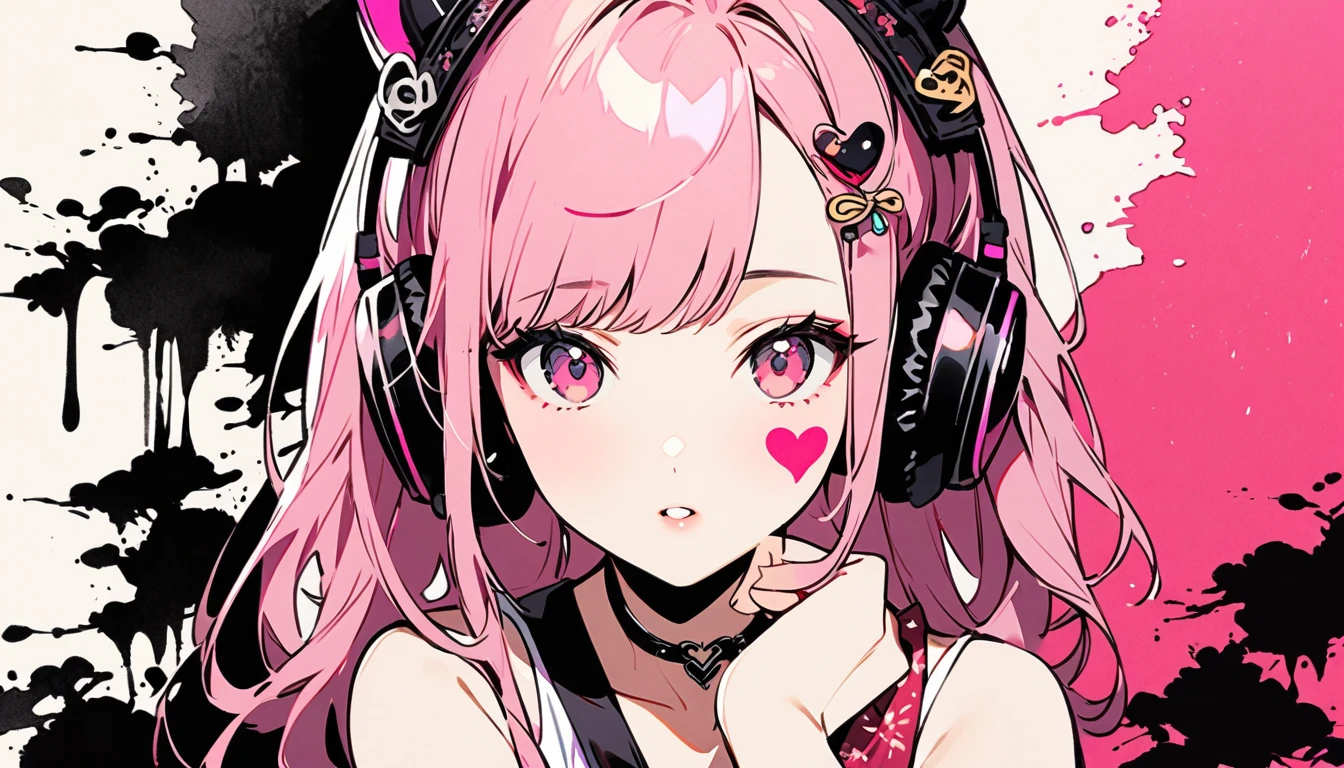 (((Ink Painting))), Fashion portrait color photos, (((1 girl))), (((Heart tattoo on face))), (((Gorgeous hair accessories))), Japanese style headphones, Japanese beautiful girl, pink Hair