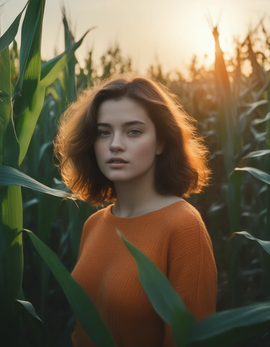 (Dramatic full shot:1.4), (Best quality:1.4),(dynamic angle:1.3), 25y, (chubby:1.3), 1uzbek girl, wearing ((orange sweater night dress)), big breast, wavy  bun hairstyle blowing in the wind, summer, dark moody, (shadow and sunlight:1.3), intricate posing, standing in the garden with (dry corn plants:1.5), aesthetic atmosphere, kodacrhome, cinematic lighting, masterpiece composition, realistic face and eyes, realistic skin, ultra highly detailed, sharp focus, beautiful film bokeh, surreal view, shot by zenit camera with 35mm lens, Portrait by annie leibovitz, in 2024