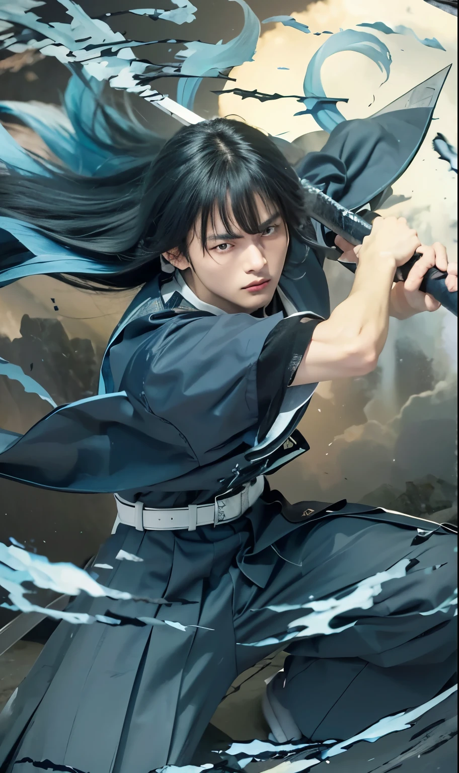 Moichiro tokito, demon slayers, male, black gradian blue long hair, blue eyes, calm face, gray clothes, holding a sword, night sky background, detailed face, detailed hair, detailed hand, ultra-realistic, ultra-detailed, bestquality, masterpiece.