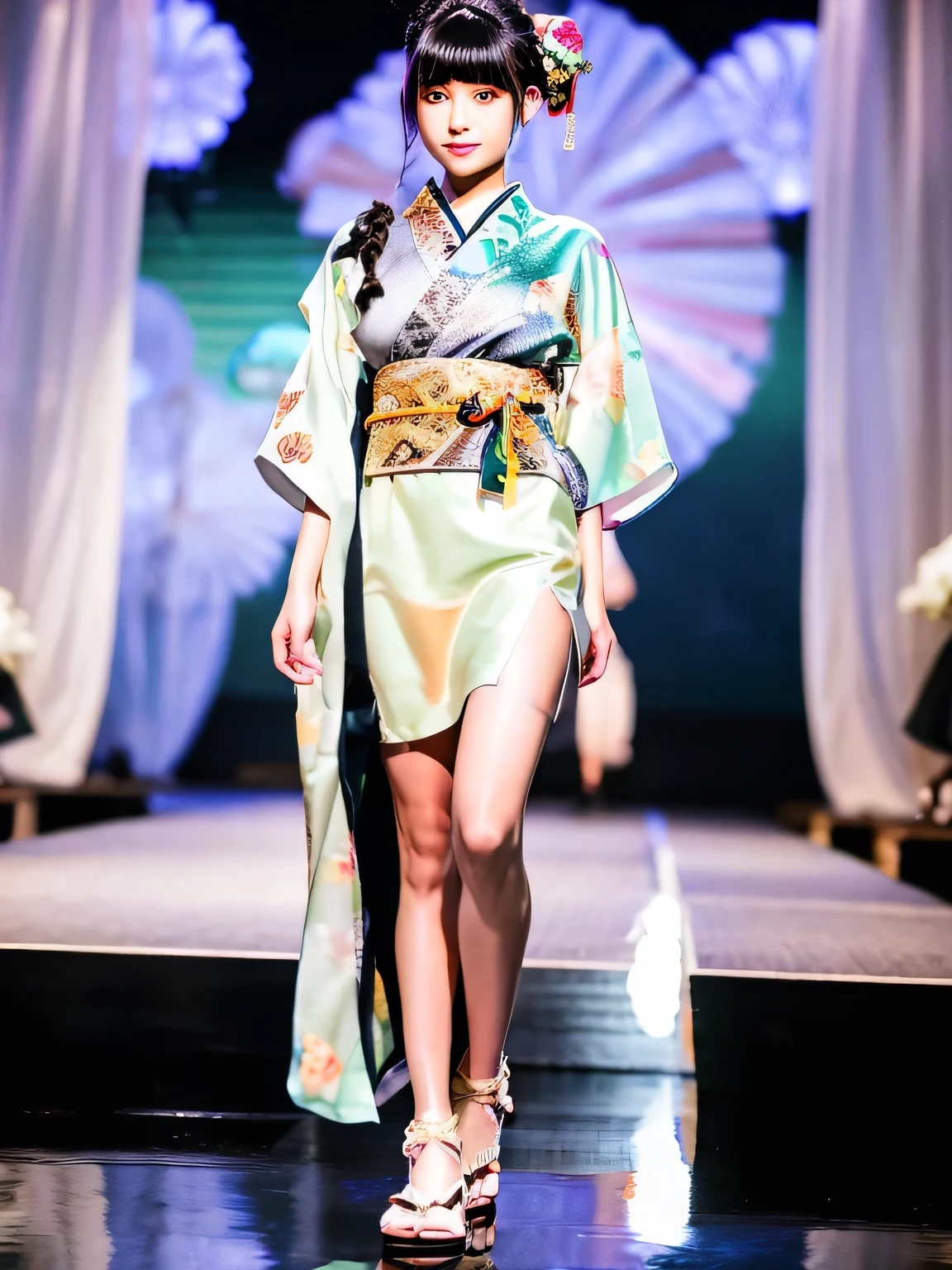 kimono, runway model, walk the runway, (masterpiece, best quality:1.2), 1girl, solo, braided bun, blunt bangs, photorealistic, grin, beautiful detailed face and eyes, full body, hyper detailed, ultra high res, absolutely resolution, 4K, ultra HD, insanely detailed and intricate, high resolution, HDR, beautifully, aesthetic, (Zori, Japanese sandals), Tabi, split-toe socks, are traditional Japanese socks worn with thonged footwear. Tabi are worn by both men and women with traditional formal footwear such as zori.