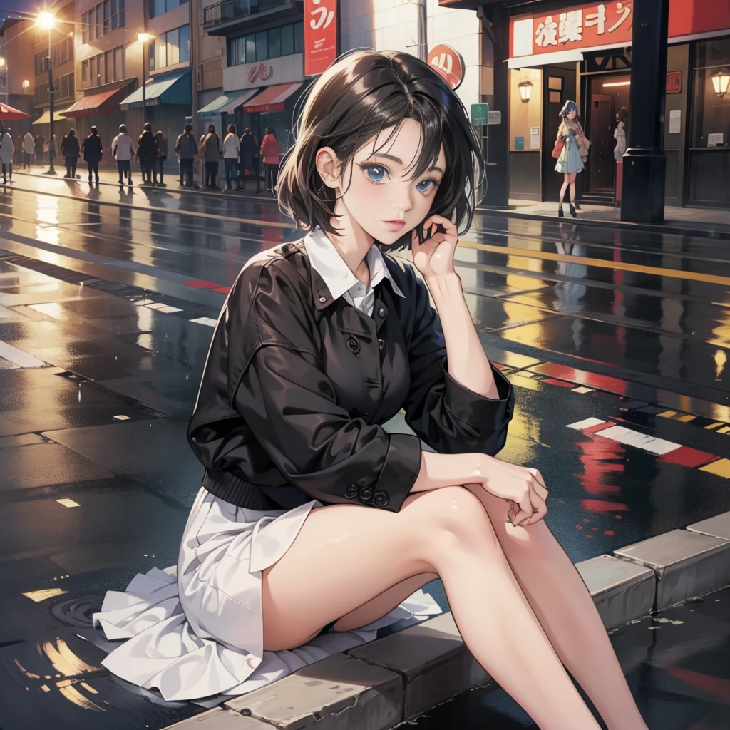 anime girl sitting on a curb in the rain, Smooth anime CG art, style of anime4 K, Realistic anime 3 D style, Guviz-style artwork, Beautiful anime girl, Anime style. 8K, 4K anime wallpaper, attractive anime girls, up of young anime girl, Guviz, anime big breast. Soft lighting