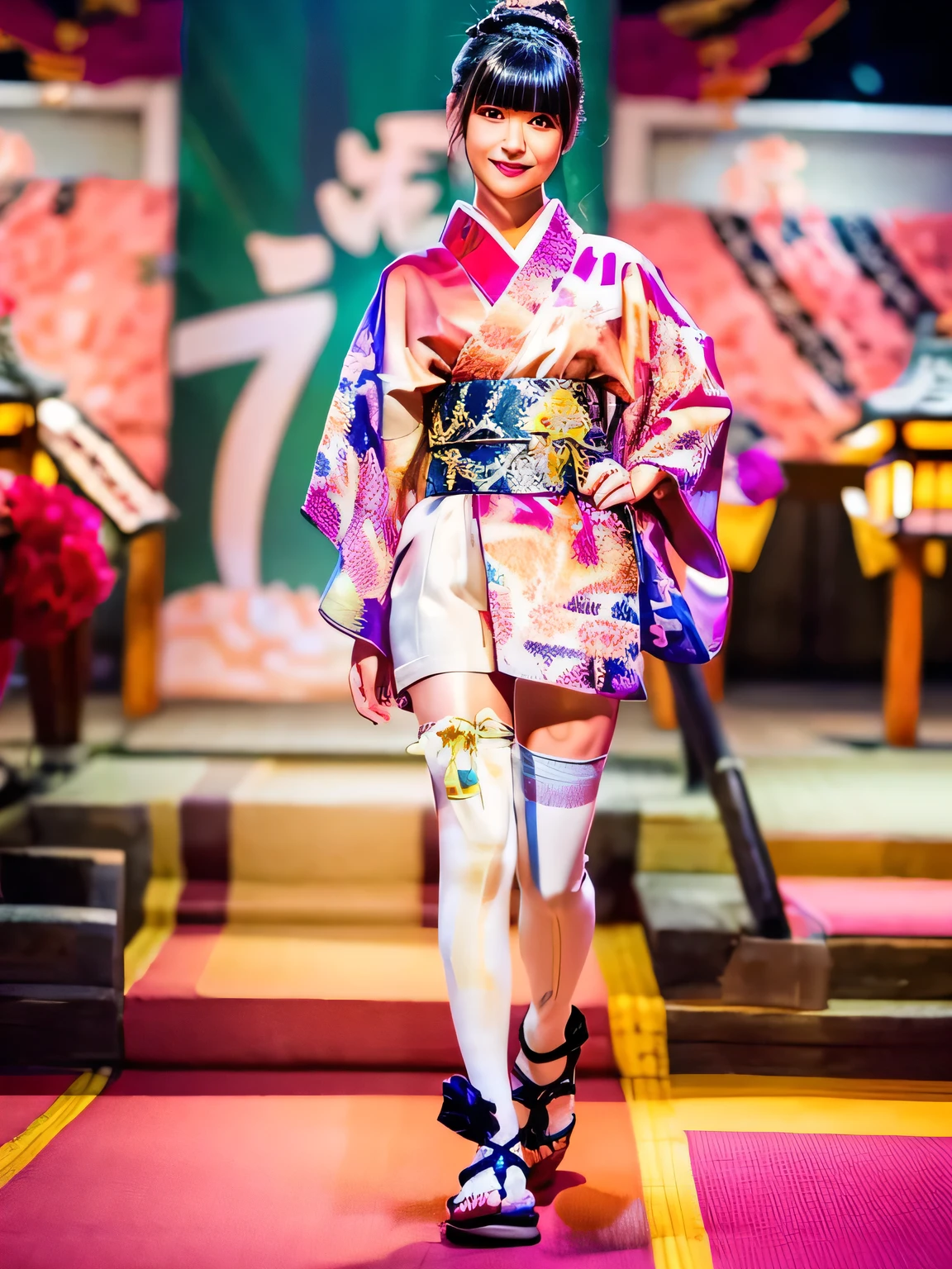 kimono, runway model, walk the runway, (masterpiece, best quality:1.2), 1girl, solo, braided bun, blunt bangs, photorealistic, grin, beautiful detailed face and eyes, full body, hyper detailed, ultra high res, absolutely resolution, 4K, ultra HD, insanely detailed and intricate, high resolution, HDR, beautifully, aesthetic, (Zori, Japanese sandals), Tabi, split-toe socks, are traditional Japanese socks worn with thonged footwear. Tabi are worn by both men and women with traditional formal footwear such as zori.