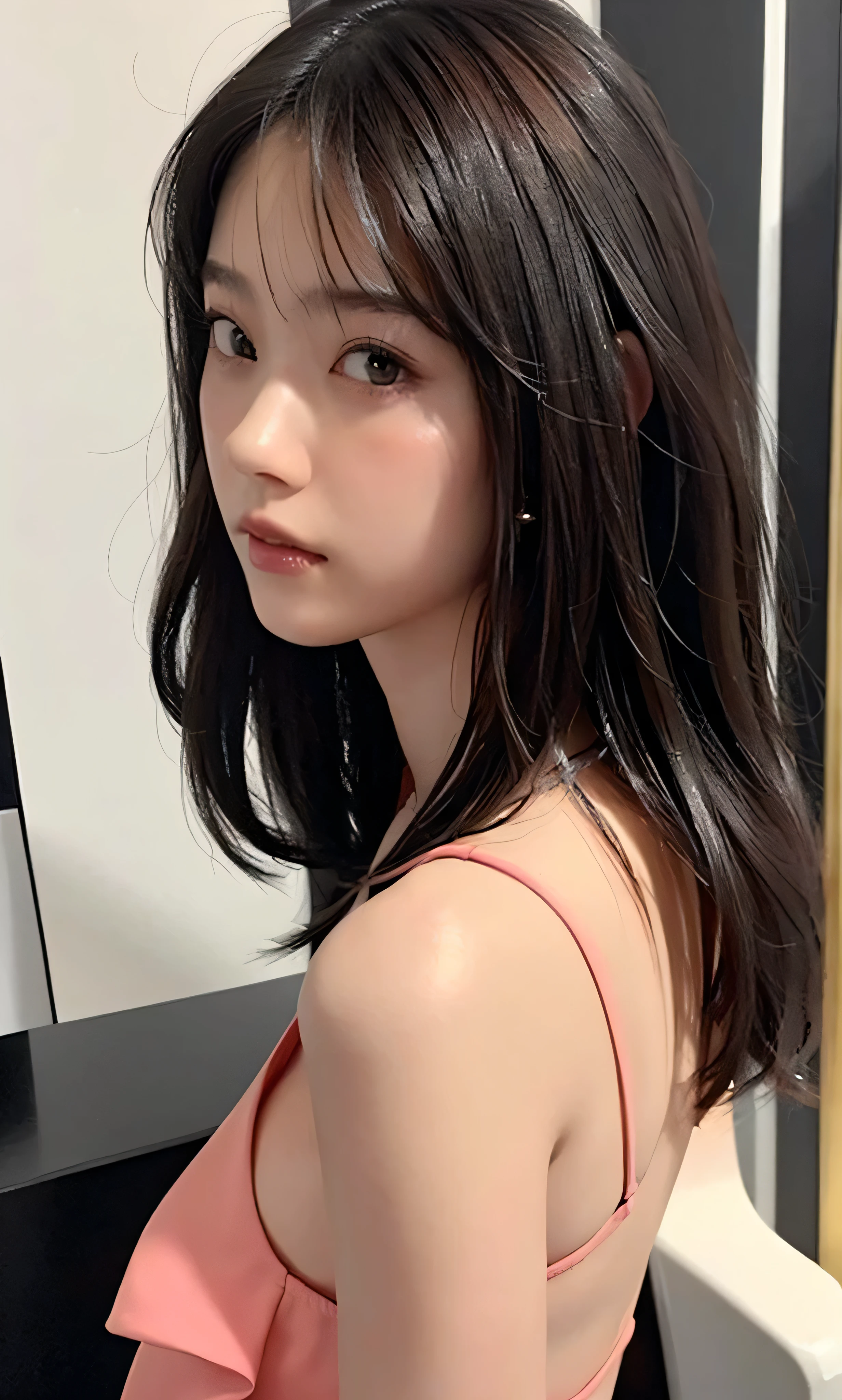 Back view、(Flat Chest)、Skindent、(18-year-old)、Fashion trendy beautiful girl、A calm and charming Chinese girl、18-year-old、Delicate and sexy collarbone、Attractive oval face、double eyelid、Smart peach blossom eyes、Pink Lips、Small Nose、Bare shoulders、Focus on the face、Close-up face、Ultra high definition、Super fine、Full body photo、Extremely thin light transmittance、Sweet and playful upper body、 transparent
