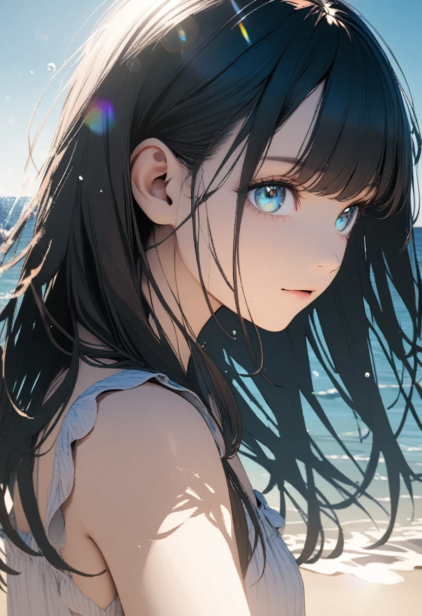 Angelic, One Girl, (Straight Hair,Inner Color), Sharp Hair, Facial Contour, Remember, , At the Beach, splash, Lens flare, noon, bright, Natural Color, High resolution, Very delicate, Very detailed, 8k
