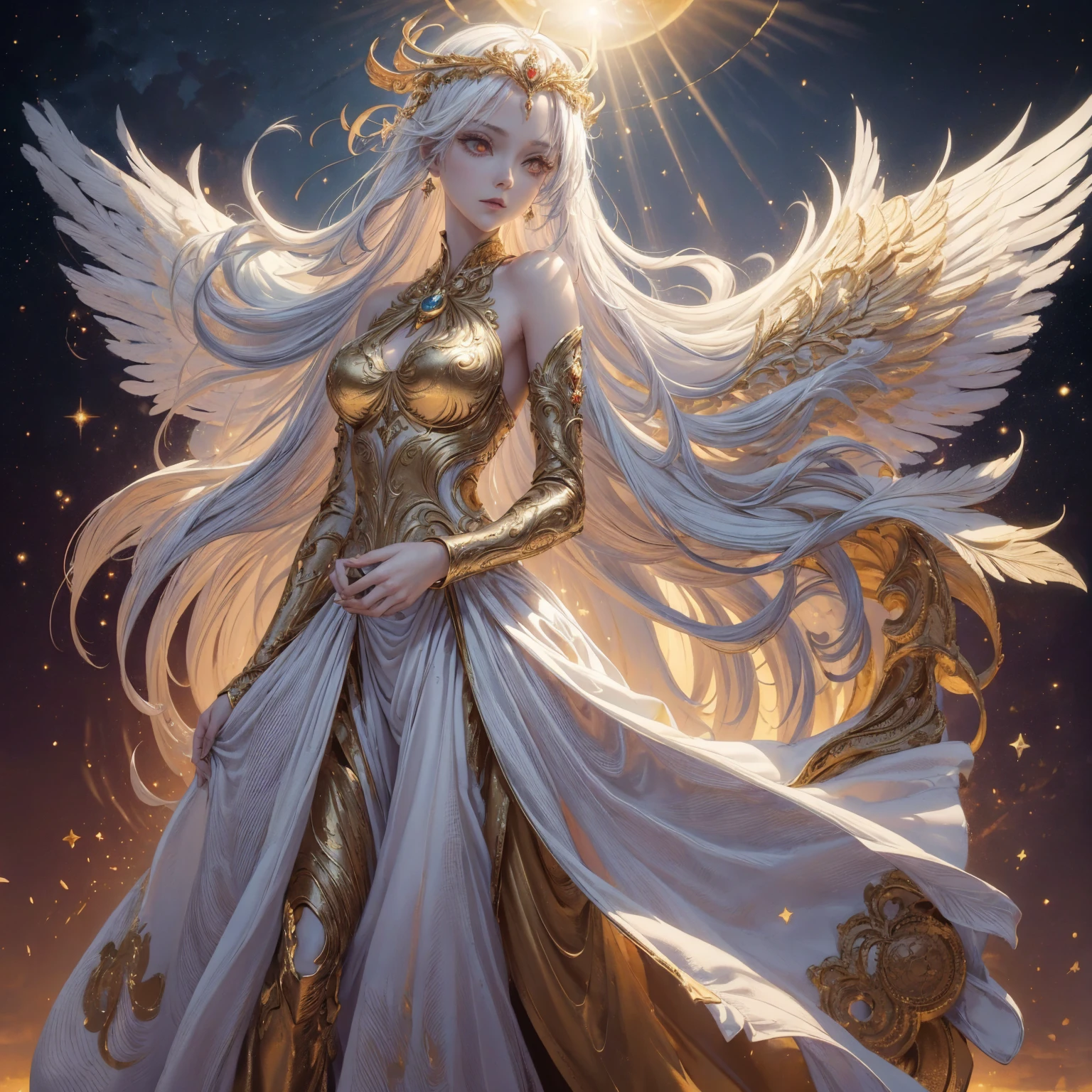 Art of Woman Wearing Sun Crown, Wearing a gorgeous golden metal bra that reveals a little skin above the chest, Wearing a gorgeous golden dress with cosmic stars inside, A pair of giant angel wings taller than the body spread out behind the woman., ancient goddess art, Sacredness. Very detailed, Mysterious inspiration, Inspiration from the Sun God, Religious inspiration, A divine background, Cold and snobbish face, Dangerous expressions, White hair, Standing pose floating in the air, One hand reaches out to the sky while the other hand holds a brilliant orb as bright as the sun., Full body portrait, Gothic art style, Weird art style, Occult art, Halo of angels, contempt eyes, Divine light, Wide-angle lens, Upward Shot