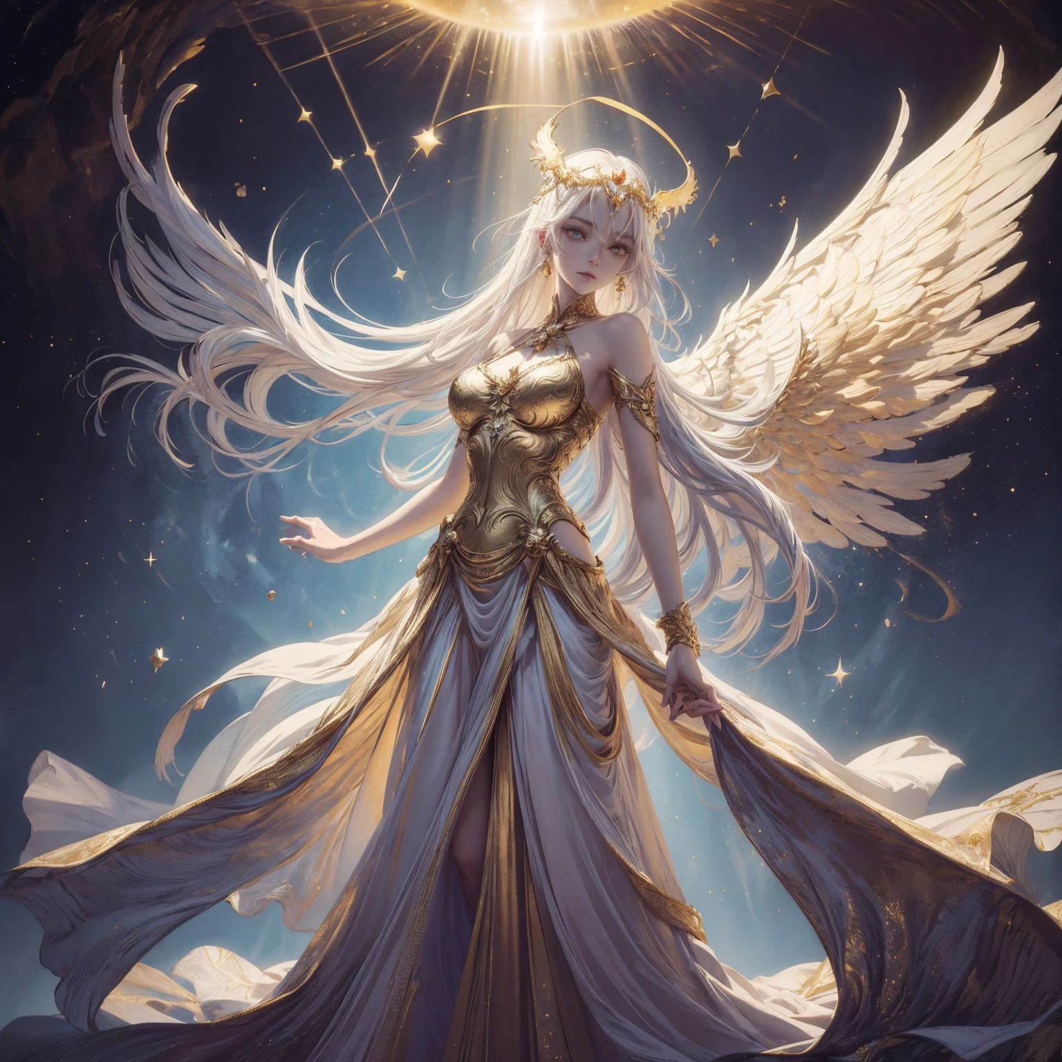 Art of Woman Wearing Sun Crown, Wearing a gorgeous golden metal bra that reveals a little skin above the chest, Wearing a gorgeous golden dress with cosmic stars inside, A pair of giant angel wings taller than the body spread out behind the woman., ancient goddess art, Sacredness. Very detailed, Mysterious inspiration, Inspiration from the Sun God, Religious inspiration, A divine background, Cold and snobbish face, Dangerous expressions, White hair, Standing pose floating in the air, One hand reaches out to the sky while the other hand holds a brilliant orb as bright as the sun., Full body portrait, Gothic art style, Weird art style, Occult art, Halo of angels, contempt eyes, Divine light, Wide-angle lens, Upward Shot