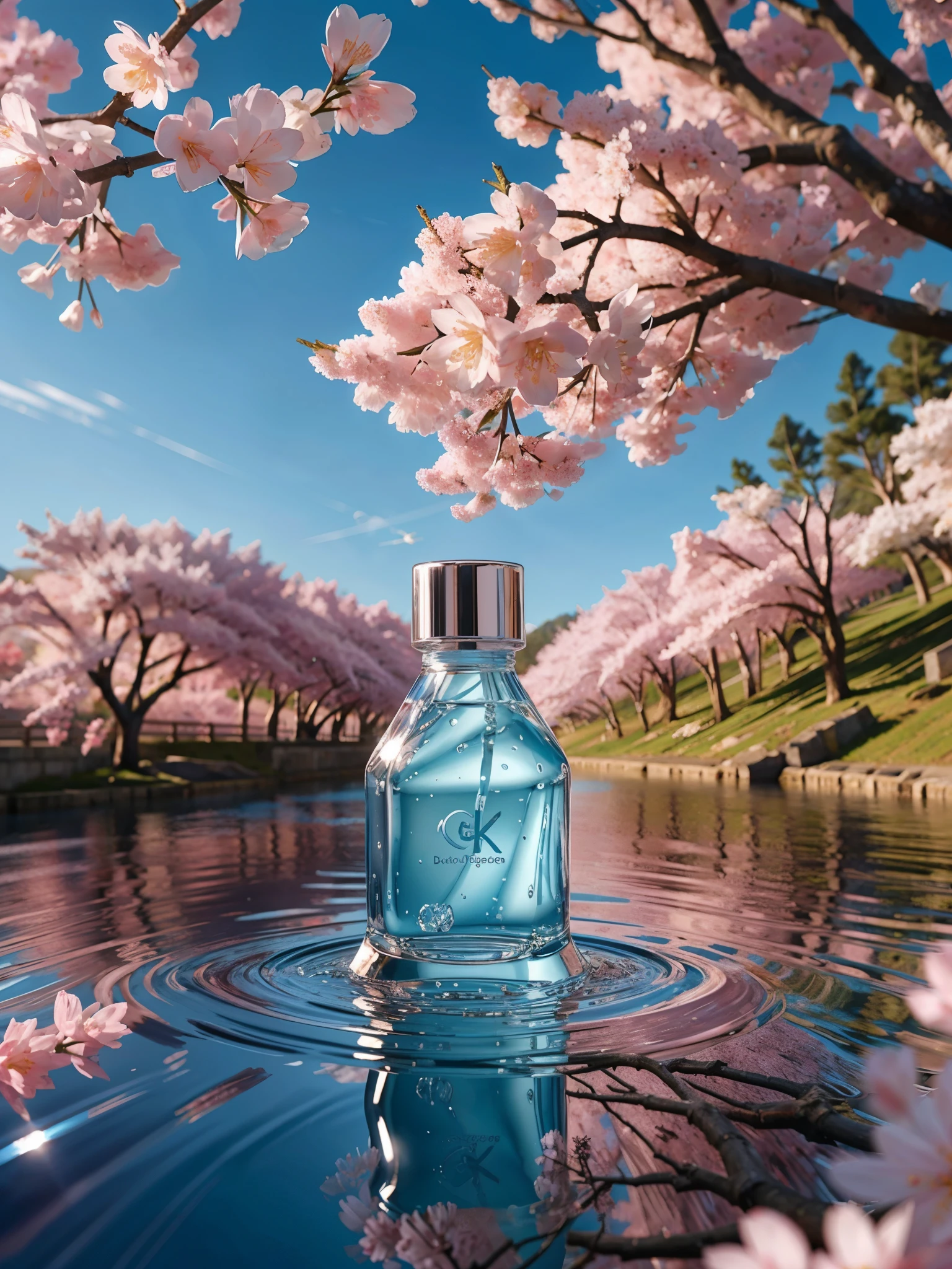 best quality, 4K, 8k, high resolution, masterpiece, Super detailed, Reality, Blender, Cosmetic bottles, Surrounded by cherry blossoms, blue sky background, water, Sunlight, Low Angle of View, Product Rendering