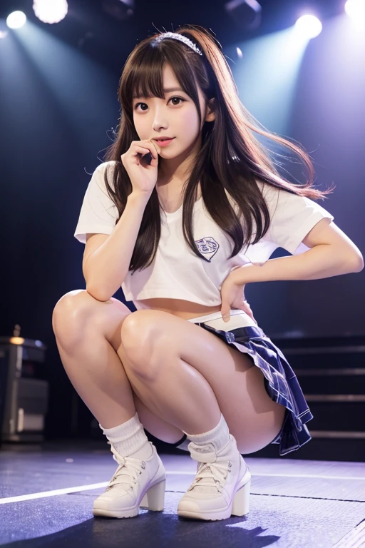 Japanese female, 20 years old, idol, mini fluttering skirt, white panties, squatting pose, subtle sex appeal, fine skin, stage lighting