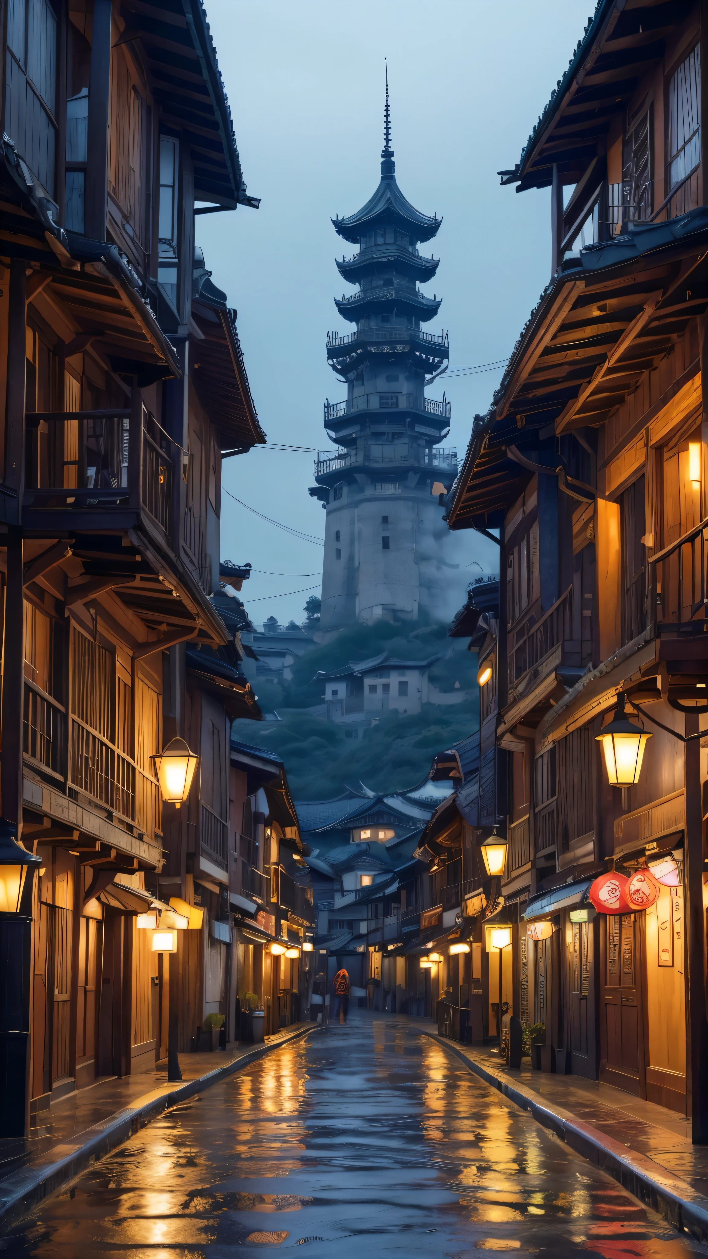 A view of the village with many lights on the buildings, Ultra-realistic town photograph, Old Asian Village, Japanese cities, Rainy night, Beautifully illuminated building, Rainy Evening, beautifully、aesthetic, photograph, cinematic, 8k, high resolution、high quality、landscape、Rain amusement park、ruins、Lantern light、night、((Lots of lanterns)、(Hung on a tree))