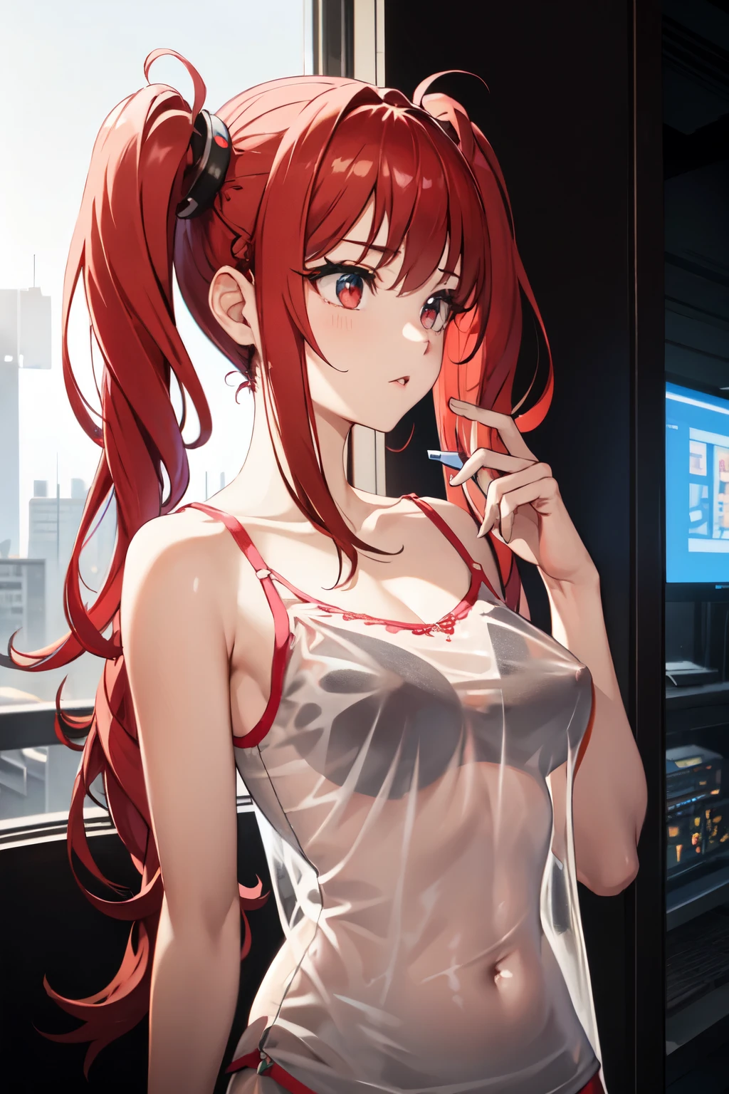 Optimal，masterpiece，High resolution，Highest quality，Hyper HD，Very detailed，Award-winning，16K，alone，（Upper Body），Correct Anatomy，Beautiful Cyberpunk Girl，Cowboy Shot、Beautiful face，，Red hair、Long Hair、Twin tails、Braiding, Hairline，（（Scarlet Eyes）），Long eyelashes，Drooping eye corners，White skin，Shoot from the side, ((See-through camisole:1.5)), 、rocket , （Because I&#39;thin），

