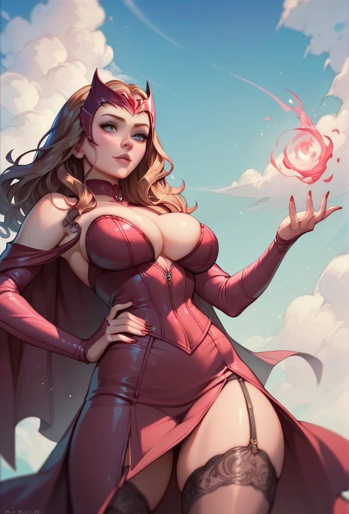 Scarlet Witch ( Elizabeth Olsen), big breasts, deep cleavage, garter belt, both sides slit short skirt showing her thighs, red magic mist surrounding her hands, hands on her hip