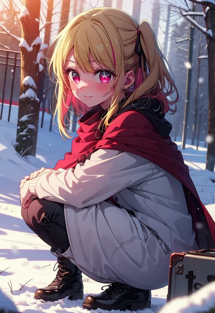 rubyhoshino, Hoshino Ruby, Long Hair, bangs, blonde, (Pink Eyes:1.3), Side Lock, (Symbol-shaped pupil:1.5), Multicolored Hair, Two-tone hair, smile,,smile,blush,white breath,
Open your mouth,snow,Ground bonfire, Outdoor, boots, snowing, From the side, wood, suitcase, Cape, Blurred, , forest, White handbag, nature, Squat, Mouth closed, Cape, winter, Written boundary depth, Black shoes, red Cape break looking at viewer, Upper Body, whole body, break Outdoor, forest, nature, break (masterpiece:1.2), Highest quality, High resolution, unity 8k wallpaper, (shape:0.8), (Beautiful and beautiful eyes:1.6), Highly detailed face, Perfect lighting, Extremely detailed CG, (Perfect hands, Perfect Anatomy),