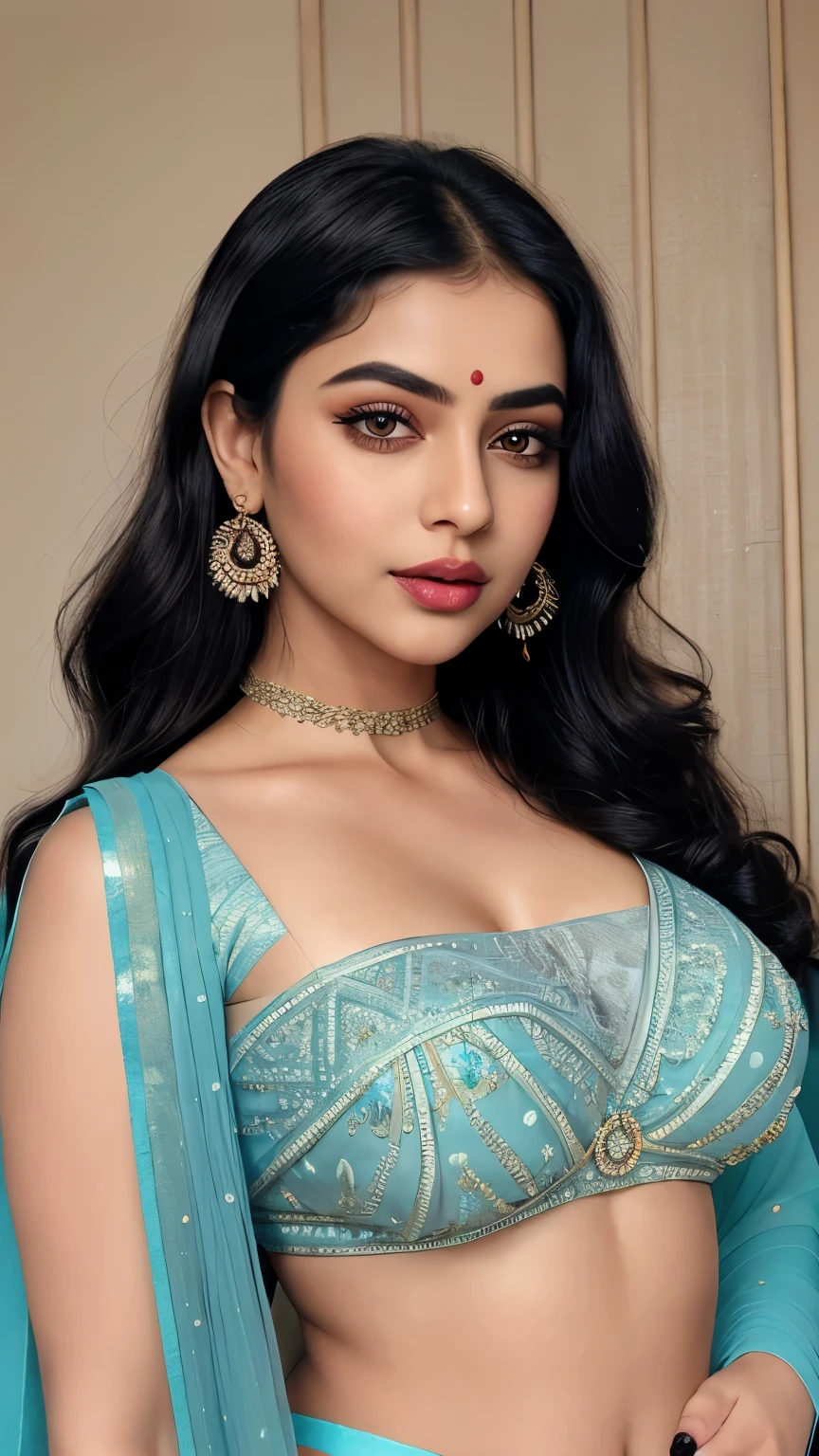 Create an 8k, best quality, Ultra, high regulation image with a zoom on camera, capturing a beautiful woman. The image should be in UHD resolution with sharp focus, and be a masterpiece with a cinematic photoshoot feel. The subject should be a professional, realistic woman with a big, heavy, round, big breasts, bulging chest, showcasing deep cleavage. The chest should be prominently featured, glowing, and part of a big, plus-size, curvy body with a plump face and beautiful lips adorned with color. She should have attractive makeup with deep eyeliner, highlighted eyeliner, light eyeshadow, long mascara, and thick lashes. The woman should be gorgeous, with a full-length frame, slim belly, slim stomach, visible navel, thick thighs, high waist, and overall a high figure. She should have smooth, white, spotless skin, black wavy hair styled with intricate design and bright highlights. The photo should be extremely detailed, focusing on her beautiful eyes with clear iris patterns, rings, and spokes, bright sclera, lively eyes, long thick eyelashes, delicate framed eyes, and well-shaped thick eyebrows. Every aspect of her, from her hair to her chest, to her blue blouse and saree, should be extremely detailed. The saree should have a light shimmer, intricate texture, and a 3D design with a miraculous pattern, making it a modern craft piece. The woman should be standing in a pose, looking at the camera, with extremely detailed eyes, ears, nose, mouth, lips, teeth, neck, shoulder, chest, and saree outfit.