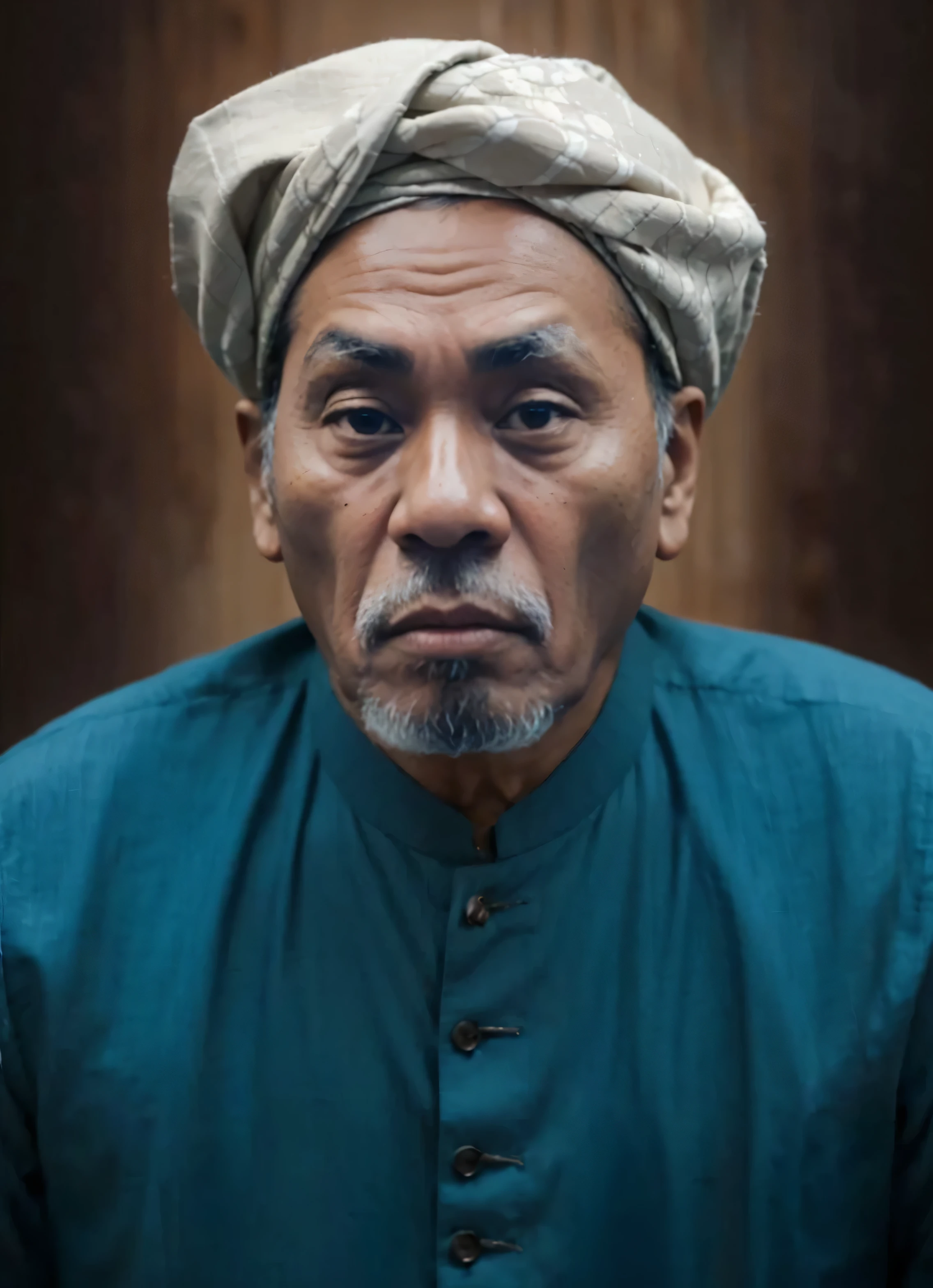 Indonesian Muslim man aged 65 years or over, brown skin, big sharp nose, slightly narrow but clear eyes, wide thick eyebrows, closed mouth, slightly thick lower lip. His wide face is slightly oval in shape. Maintain facial expressions as original. wearing a white turban. wearing clothes such as a plain light blue Islamic shirt without a front pocket. HD quality realistic images.