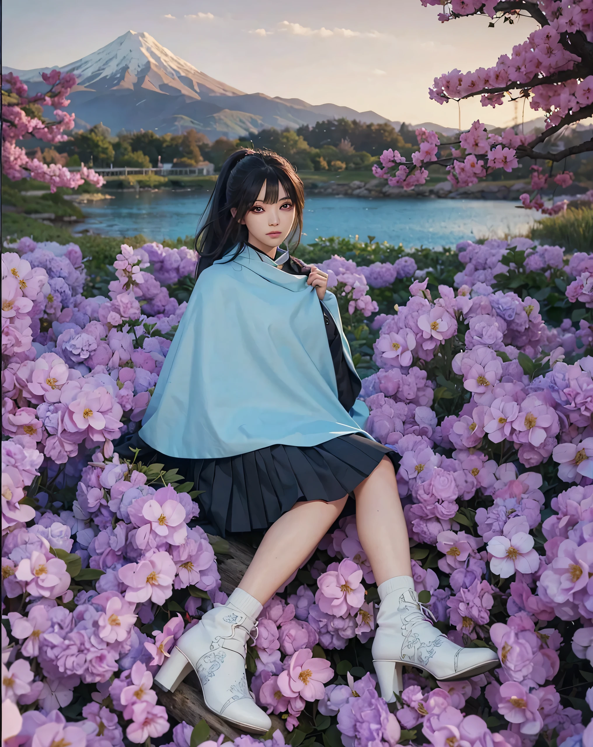 ( KANAO TSUYURI_KIMITSU NOYABA),((realistic, photorealistic)),(highlight hair)), Light reflection, (( HD )),((upper body)), (((best quality, masterpiece))), (masterpiece) (best quality) (detail) (8k) (HDR) (wallpaper) (cinematic lighting) (sharp focuasterpiece, best quality: 1.1), Real life adaption of this character, realistic outfit, realistic shadow, realistic light, realism, hyper realistic, realistic background,realistic hair,(photorealistic:1.2), (masterpiece: 1.2), (best quality: 1.3), (clear details: 1.3), ((((ultra-detailed)))), ((detailed eyes)), (extremely detailed face:1.4), (highly detailed eyelash:1.6), Japanese background, purple flowers,highly detailed eyes, sharp details, high contrast, (shiny skin), kanaotsuyuri, kanao tsuyuri, black hair, butterfly, butterfly hair ornament, (purple eyes:1.1), side ponytail, ponytail,
BREAK black skirt, cape, demon slayer uniform, long sleeves, pleated skirt, skirt, white cape,
BREAK looking at viewer,
BREAK indoors, classroom,
BREAK (masterpiece:1.2), best quality, high resolution, unity 8k wallpaper, (illustration:0.8), (beautiful detailed eyes:1.6), extremely detailed face, perfect lighting, extremely detailed CG, (perfect hands, perfect anatomy),
