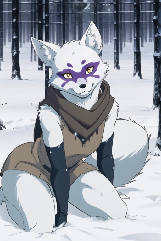 Tmnt, Alopex, arctic fox, furry character, purple mark eyes, 1girl, Solo, Fox Ears, Smile, Yellow Eyes, brown scarf, black bandage arms and legs, black robe, snowy forest
