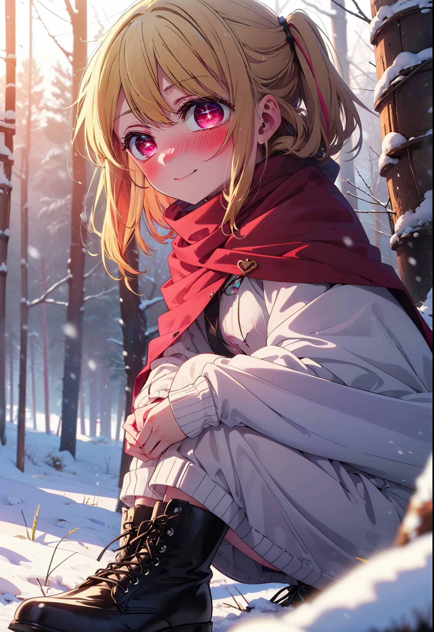 rubyhoshino, Hoshino Ruby, Long Hair, bangs, blonde, (Pink Eyes:1.3), Side Lock, (Symbol-shaped pupil:1.5), Multicolored Hair, Two-tone hair, smile,,smile,blush,white breath,
Open your mouth,snow,Ground bonfire, Outdoor, boots, snowing, From the side, wood, suitcase, Cape, Blurred, , forest, White handbag, nature,  Squat, Mouth closed, Cape, winter, Written boundary depth, Black shoes, red Cape break looking at viewer, Upper Body, whole body, break Outdoor, forest, nature, break (masterpiece:1.2), Highest quality, High resolution, unity 8k wallpaper, (shape:0.8), (Beautiful and beautiful eyes:1.6), Highly detailed face, Perfect lighting, Extremely detailed CG, (Perfect hands, Perfect Anatomy),