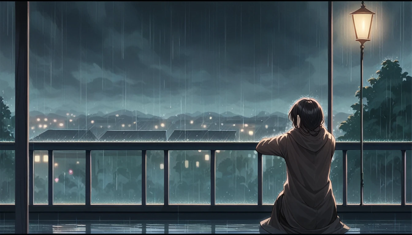 anime scene of a woman sitting on a balcony in the rain, a digital painting inspired by Atey Ghailan, trending on cg society, conceptual art, rainy evening, raining outside, rainy afternoon, lofi girl, lofi artstyle, rainy day outside, rainy night, rainy day, on a rainy day, rainy outside, late night raining, anime film still