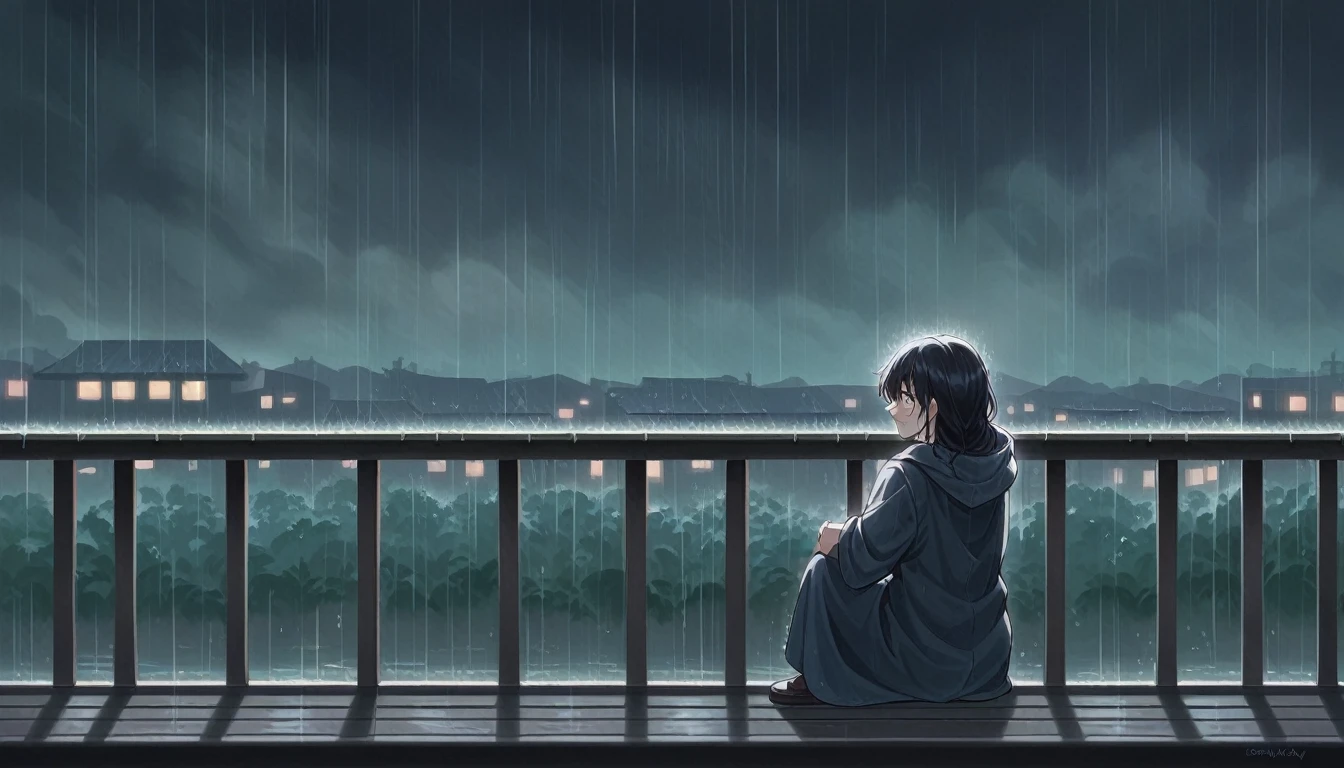 anime scene of a woman sitting on a balcony in the rain, a digital painting inspired by Atey Ghailan, trending on cg society, conceptual art, rainy evening, raining outside, rainy afternoon, lofi girl, lofi artstyle, rainy day outside, rainy night, rainy day, on a rainy day, rainy outside, late night raining, anime film still