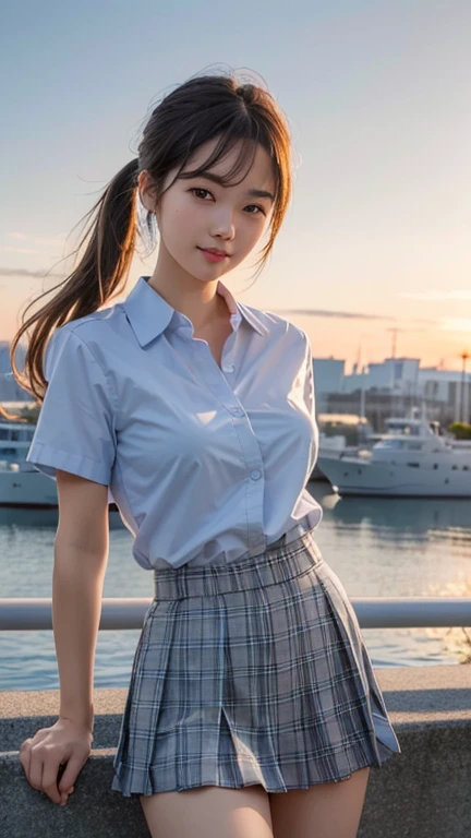(masterpiece:1.3, Highest quality, Ultra-high resolution, Very detailed), (Realistic:1.1, photoRealistic:1.4), Beautiful illustrations, Perfect lighting, colorful, Written boundary depth, Beautiful detailsまでこだわった髪, Beautifully detailed face, Beautiful details, Beautiful clavicle, Beautiful body, Beautiful breasts, Beautiful thighs, Beautiful legs, Beautiful fingers, View your audience, 1 girl, Japanese, high school girl, Perfect Face, (Perfect Anatomy, Anatomically correct), Cute and symmetrical face, Baby Face, Sunburn, Glowing Skin, (Mid-length hair:1.5, Twin tails:1.2, blonde), Asymmetrical bangs, blue eyes, Long eyelashes, (Mid-chest), thin, ((Collared short-sleeved shirt, Light blue shirt, , Grey plaid pleated skirt, To the Navy)), No pants, (Beautiful views), evening, (Outdoor, distant cityscape), Are standing, (peace sign), (Cute Smile, 鬠红、Upward glance, Open your mouth), (Open Girl'Cat:1.3), hour々squat:1.2,Put your finger in your pussy:1.5,((A large amount of pee is sprayed from the vagina)),((((((Very few, Young face and breasts)))))),(Cleavage:1.1),(Very small and flat chest:1.2),