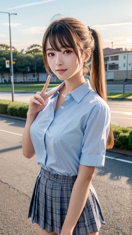 (masterpiece:1.3, Highest quality, Ultra-high resolution, Very detailed), (Realistic:1.1, photoRealistic:1.4), Beautiful illustrations, Perfect lighting, colorful, Written boundary depth, Beautiful detailsまでこだわった髪, Beautifully detailed face, Beautiful details, Beautiful clavicle, Beautiful body, Beautiful breasts, Beautiful thighs, Beautiful legs, Beautiful fingers, View your audience, 1 girl, Japanese, high school girl, Perfect Face, (Perfect Anatomy, Anatomically correct), Cute and symmetrical face, Baby Face, Sunburn, Glowing Skin, (Mid-length hair:1.5, Twin tails:1.2, blonde), Asymmetrical bangs, blue eyes, Long eyelashes, (Mid-chest), thin, ((Collared short-sleeved shirt, Light blue shirt, , Grey plaid pleated skirt, To the Navy)), No pants, (Beautiful views), evening, (Outdoor, distant cityscape), Are standing, (peace sign), (Cute Smile, 鬠红、Upward glance, Open your mouth), (Open Girl'Cat:1.3), hour々squat:1.2,Put your finger in your pussy:1.5,((A large amount of pee is sprayed from the vagina)),((((((Very few, Young face and breasts)))))),(Cleavage:1.1),(Very small and flat chest:1.2),