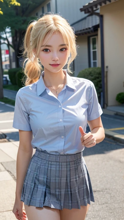 (masterpiece:1.3, Highest quality, Ultra-high resolution, Very detailed), (Realistic:1.1, photoRealistic:1.4), Beautiful illustrations, Perfect lighting, colorful, Written boundary depth, Beautiful detailsまでこだわった髪, Beautifully detailed face, Beautiful details, Beautiful clavicle, Beautiful body, Beautiful breasts, Beautiful thighs, Beautiful legs, Beautiful fingers, View your audience, 1 girl, Japanese, high school girl, Perfect Face, (Perfect Anatomy, Anatomically correct), Cute and symmetrical face, Baby Face, Sunburn, Glowing Skin, (Mid-length hair:1.5, Twin tails:1.2, blonde), Asymmetrical bangs, blue eyes, Long eyelashes, (Mid-chest), thin, ((Collared short-sleeved shirt, Light blue shirt, , Grey plaid pleated skirt, To the Navy)), No pants, (Beautiful views), evening, (Outdoor, distant cityscape), Are standing, (peace sign), (Cute Smile, 鬠红、Upward glance, Open your mouth), (Open Girl'Cat:1.3), hour々squat:1.2,Put your finger in your pussy:1.5,((A large amount of pee is sprayed from the vagina)),((((((Very few, Young face and breasts)))))),(Cleavage:1.1),(Very small and flat chest:1.2),