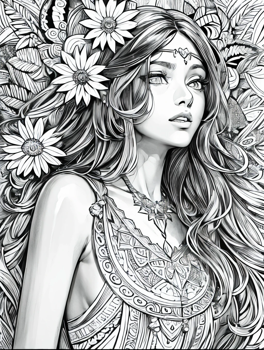 (Black and white coloring book:1.5), line drawings, masterpiece, best quality, ultra-detailed, high resolution, Very detailed face, (Eyes clear and distinct lines), Hair is white color, Full body shot, Woman in summer dress with hippie style, Hyper detailed crisp black line draw, ((simple white color))