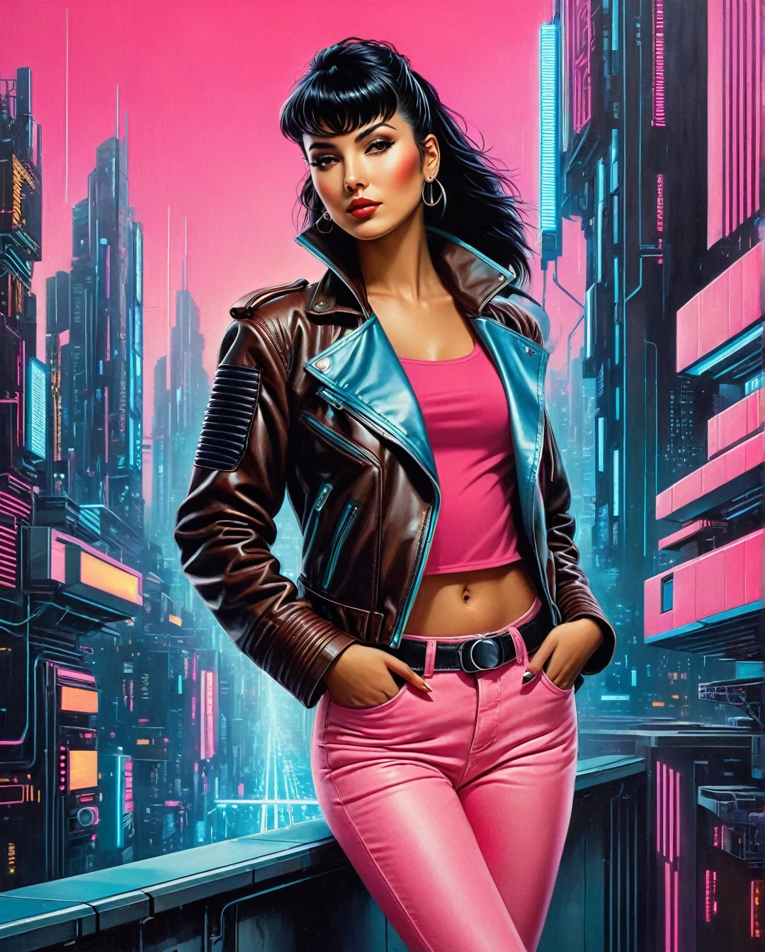 A mysteriously beguiling cyberpunk woman, her smooth black hair falls in a sleek cascade framing striking brown eyes, accentuated by a set of bold bangs. Clad in a stylish leather jacket over a vibrant pink t-shirt and light blue denim jeans, she exudes an air of retro-futuristic coolness. The 80's cyberpunk background serves as a perfect complement to her edgy aesthetic. This captivating portrait, whether a painting or photograph, is rich in detail, capturing every nuance of her enigmatic allure with extraordinary precision and artistry.