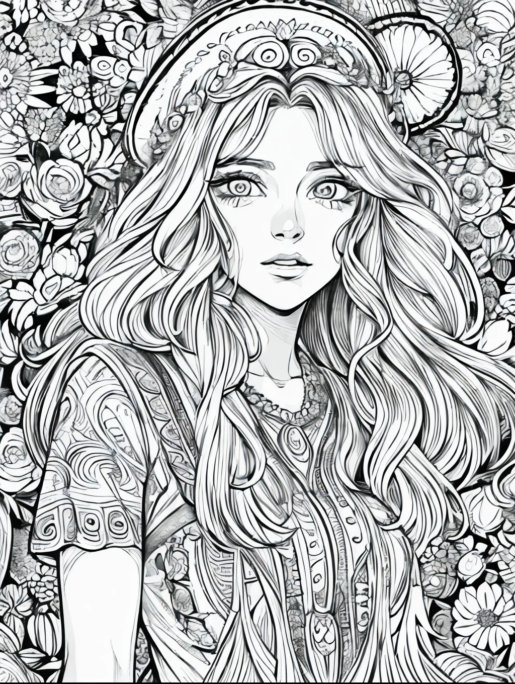 (Black and white coloring book:1.5), line drawings, masterpiece, best quality, ultra-detailed, high resolution, Very detailed face, (Eyes clear and distinct lines), Hair is white color, Full body shot, Woman in summer dress with hippie style, Hyper detailed crisp black line draw, ((simple white color))