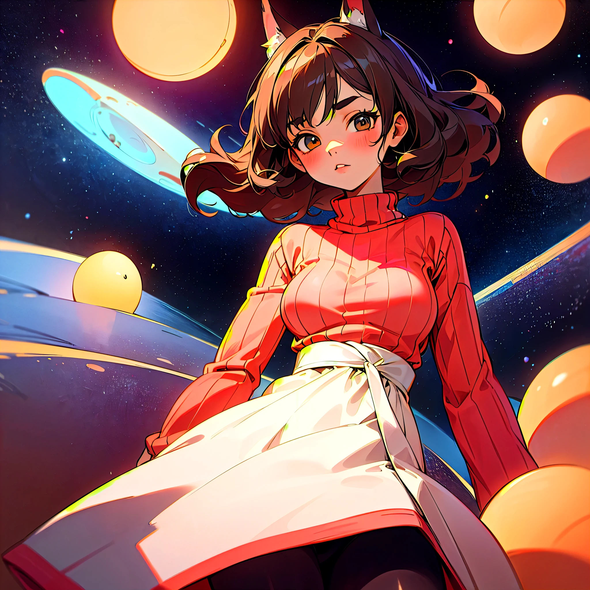 (1girl, Masterpiece, high quality, highly detailed), ((breasts type: wide-set, Wide Set breasts, A significant space between the breasts, more than usual)), (wearing Chunky knit tunic dress), (Winter theme),- **Eyes**: Round, dark brown - **Nose**: Small and straight - **Lips**: Full, coral pink - **Hair**: Long, wavy, black - **Skin Tone**: Medium tan with a warm undertone - **Eyebrows**: Medium thickness, gently arched - **Cheekbones**: Soft and rounded - **Chin**: Rounded - **Ears**: Small and close to the head - **Expression**: Confident and determined
