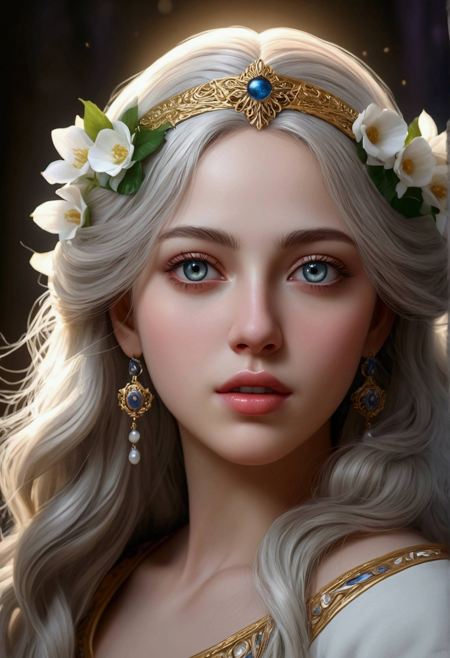 (best quality,4k,8k,highres,masterpiece:1.2),ultra-detailed,(realistic,photorealistic,photo-realistic:1.37),1girl,beautiful detailed eyes,beautiful detailed lips,extremely detailed face, white long hair and white eye,long white eyelashes,goddess of the moon,welcoming expression,exquisite facial features,floral scent,ethereal,dramatic lighting,vibrant colors,fantasy,digital art