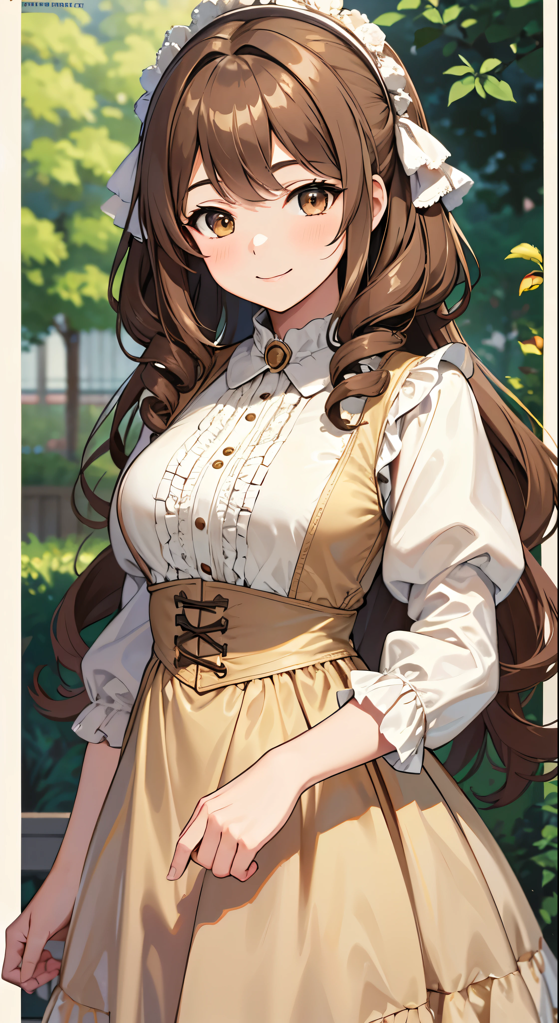 lightbrown, classical dress, brown hair, twin drills, smile, Monet, UHD, high details, best quality, highres, 8k