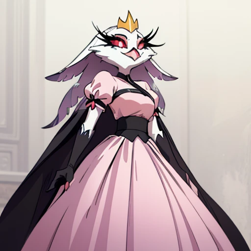 (best quality, masterpiece:1), furry female anthro stella, owl, portrait, white dress, black belt, pink beak, standing, gold crown, long skirt, cape, cloak, looking to the side, closed mouth, smile, wide-eyed, white pupils, elbow gloves,