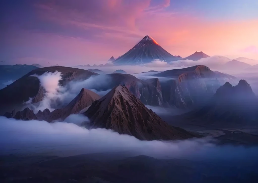 The valley below the mountain is shrouded in mist, Stunning alien landscape, Volcanic fog, Indonesia national geographic, Volcano Landscape, an Stunning scenery image, Stunning alien landscape, Stunning alien landscape, Beautiful alien landscape, volcano setting, Stunning scenery, Volcano Landscape, ByPatrick Ching, Stunning scenery in background, Charming and otherworldly, Indonesia, Floating mountains, 8K))