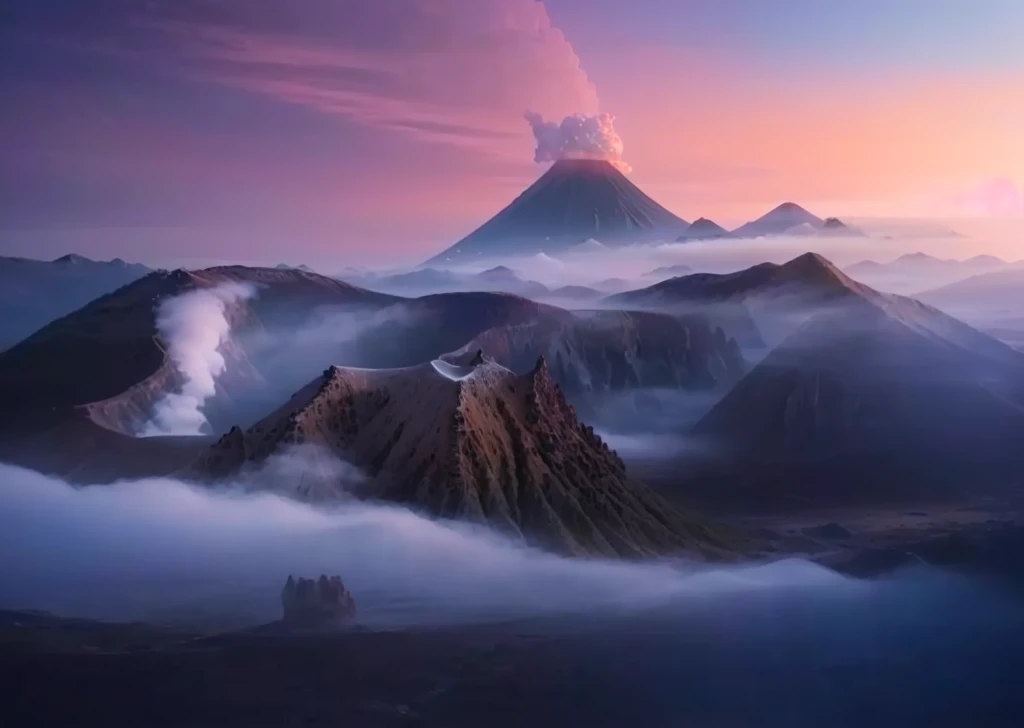 The valley below the mountain is shrouded in mist, Stunning alien landscape, Volcanic fog, Indonesia national geographic, Volcano Landscape, an Stunning scenery image, Stunning alien landscape, Stunning alien landscape, Beautiful alien landscape, volcano setting, Stunning scenery, Volcano Landscape, ByPatrick Ching, Stunning scenery in background, Charming and otherworldly, Indonesia, Floating mountains, 8K))