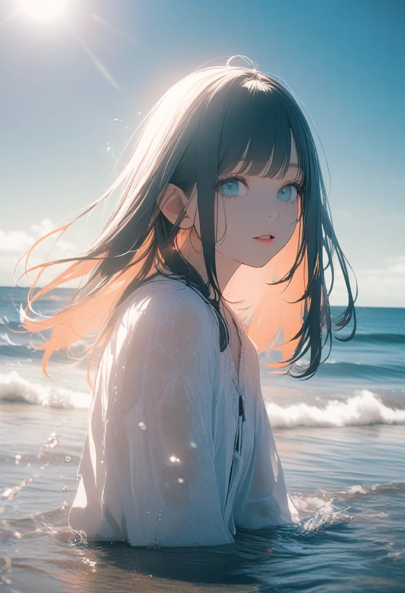 Angelic, One Girl, (Straight Hair,Inner Color), Sharp Hair, Facial Contour, Remember, , At the Beach, splash, Lens flare, noon, bright, Natural Color, High resolution, Very delicate, Very detailed, 8k,((Sexual))