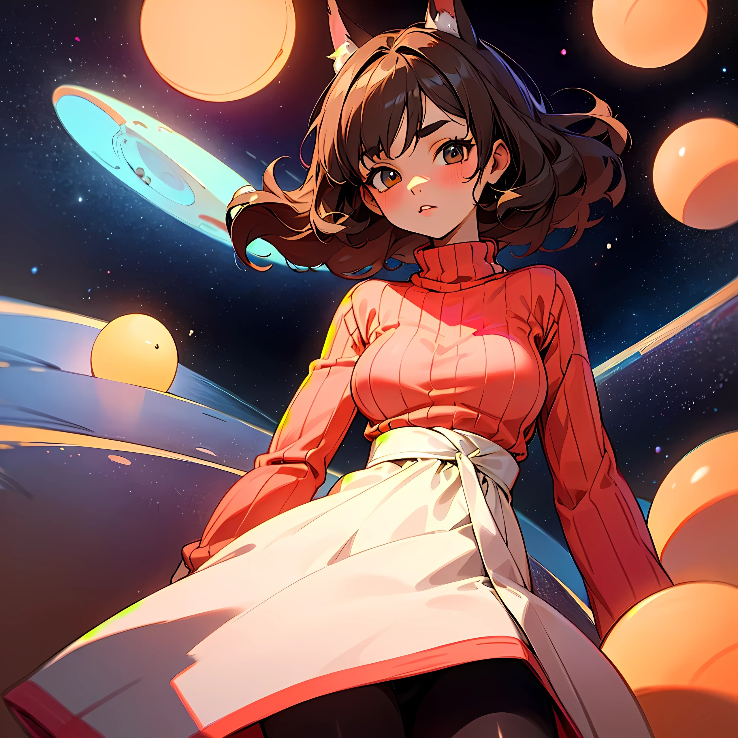 (1girl, Masterpiece, high quality, highly detailed), ((breasts type: wide-set, Wide Set breasts, A significant space between the breasts, more than usual)), (wearing Chunky knit tunic dress), (Winter theme),- **Eyes**: Round, dark brown - **Nose**: Small and straight - **Lips**: Full, coral pink - **Hair**: Long, wavy, black - **Skin Tone**: Medium tan with a warm undertone - **Eyebrows**: Medium thickness, gently arched - **Cheekbones**: Soft and rounded - **Chin**: Rounded - **Ears**: Small and close to the head - **Expression**: Confident and determined