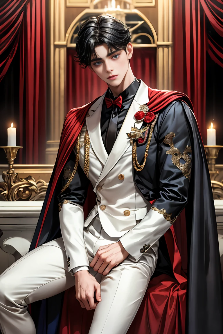 masterpiece, 最high quality, high quality, 1 boy, alone, Male focus, Watching the audience, Messy black hair, Adorable big blue eyes, White, Noble, Noble,A black and red cape that is bursting with sexy volume、Tuxedo、A very voluminous, large, very large, very large, long, long red and black cape with a high stand-up collar, made of a lot of fabric that reaches down to the floor., 17 years old,Cute beautiful boys,Cute, cute, kind, handsome guy
