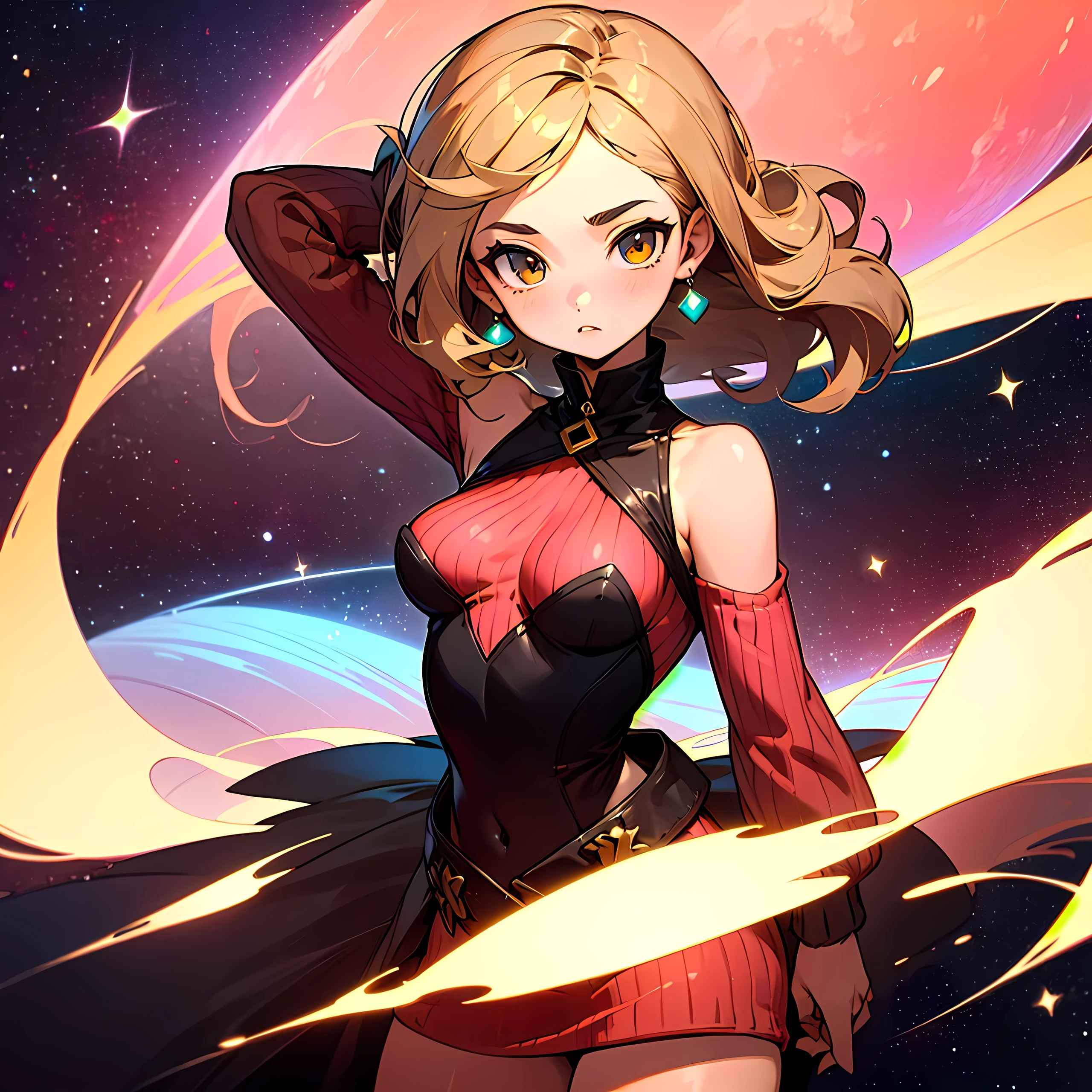(1girl, Masterpiece, high quality, highly detailed), ((breasts type: wide-set, Wide Set breasts, A significant space between the breasts, more than usual)), (wearing Chunky knit tunic dress), (Winter theme),- **Eyes**: Round, dark brown - **Nose**: Small and straight - **Lips**: Full, coral pink - **Hair**: Long, wavy, black - **Skin Tone**: Medium tan with a warm undertone - **Eyebrows**: Medium thickness, gently arched - **Cheekbones**: Soft and rounded - **Chin**: Rounded - **Ears**: Small and close to the head - **Expression**: Confident and determined