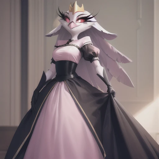 (best quality, masterpiece:1), furry female anthro stella, owl, portrait, white dress, black belt, pink beak, standing, gold crown, long skirt, cape, cloak, looking to the side, closed mouth, smile, wide-eyed, white pupils, elbow gloves,