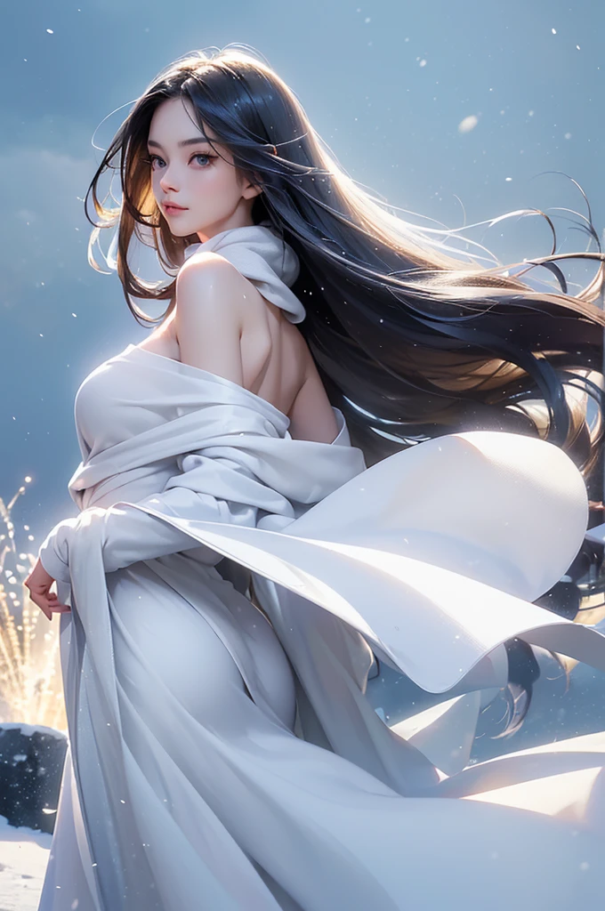 ((masterpiece:1.5、8k、Portraiture、フォトリアリスティックでVery detailedなCG、Very detailed、Particle Effects、Dynamic Effects、Shallow depth of field、Cinematic Light、Lens flare、Ray Tracing、Tabletop、Realistic:1.4、Ultra-high resolution:1.2、Realistic、Realistic))((alone、,A woman wearing a cashmere coat over an off-the-shoulder dress:1.4、wear a long scarf、Elegant woman posing、Detailed face、bright表情、young, bright, Whiter skin、Ample breasts、Best Looks、Ultimate beauty、Shiny silver hair with highlights、bright and shiny hair,、Super long, Silky straight hair、Hair dancing in the wind))(morning、The setting is outdoors in the snow、Surrounded by illuminations)