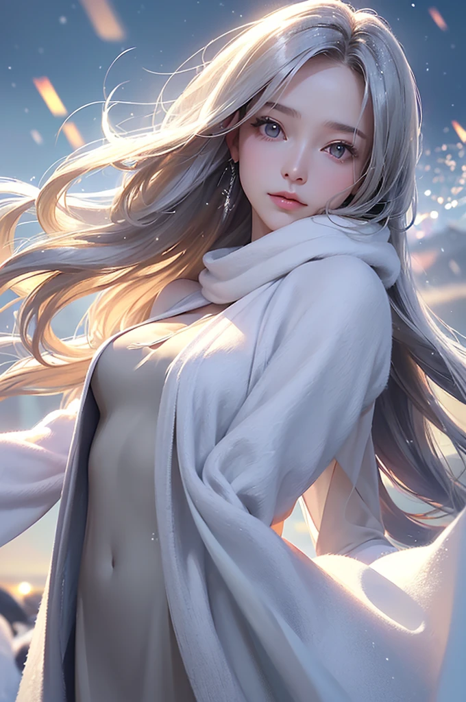 ((masterpiece:1.5、8k、Portraiture、フォトリアリスティックでVery detailedなCG、Very detailed、Particle Effects、Dynamic Effects、Shallow depth of field、Cinematic Light、Lens flare、Ray Tracing、Tabletop、Realistic:1.4、Ultra-high resolution:1.2、Realistic、Realistic))((alone、,A woman wearing a cashmere coat over an off-the-shoulder dress:1.4、wear a long scarf、Elegant woman posing、Detailed face、bright表情、young, bright, Whiter skin、Ample breasts、Best Looks、Ultimate beauty、Shiny silver hair with highlights、bright and shiny hair,、Super long, Silky straight hair、Hair dancing in the wind))(morning、The setting is outdoors in the snow、Surrounded by illuminations)