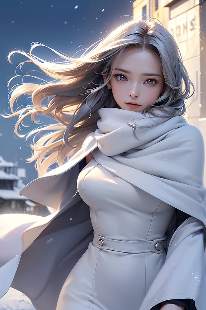 ((masterpiece:1.5、8k、Portraiture、フォトリアリスティックでVery detailedなCG、Very detailed、Particle Effects、Dynamic Effects、Shallow depth of field、Cinematic Light、Lens flare、Ray Tracing、Tabletop、Realistic:1.4、Ultra-high resolution:1.2、Realistic、Realistic))((alone、,A woman wearing a cashmere coat over an off-the-shoulder dress:1.4、wear a long scarf、Elegant woman posing、Detailed face、bright表情、young, bright, Whiter skin、Ample breasts、Best Looks、Ultimate beauty、Shiny silver hair with highlights、bright and shiny hair,、Super long, Silky straight hair、Hair dancing in the wind))(morning、The setting is outdoors in the snow、Surrounded by illuminations)